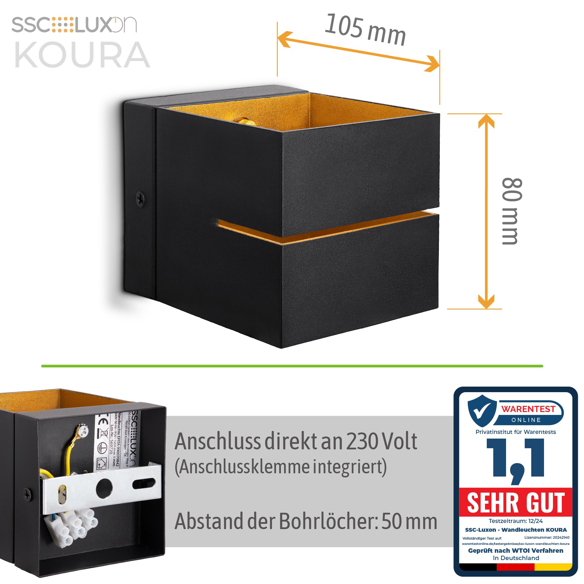 SSC-LUXon KOURA Wandleuchte Innen 4er schwarz mit Lichtschlitz - Wandlampe Gold Design Up Down Leuchte inkl. G9 LED warmweiß