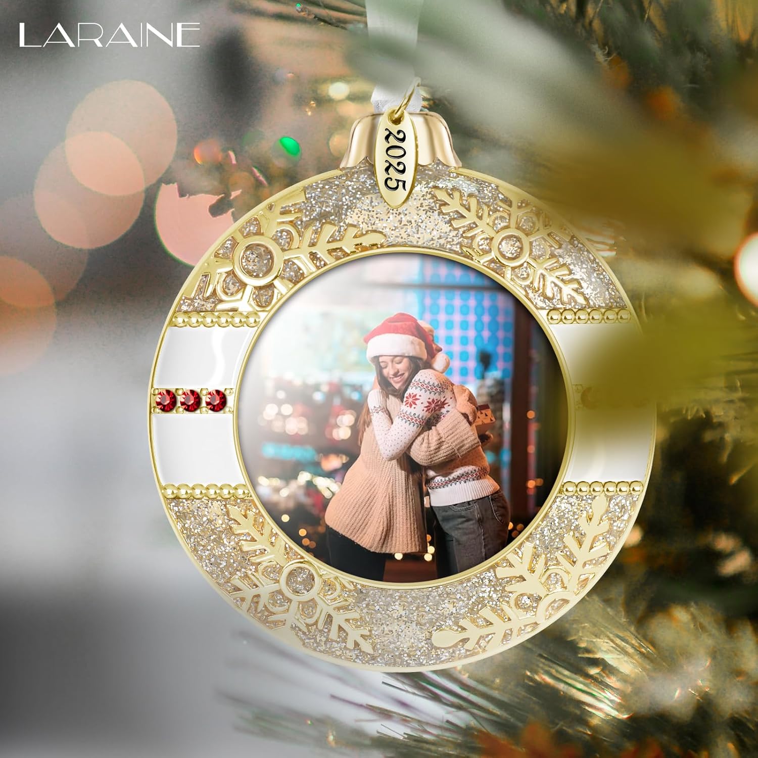 Laraine Christmas Tree Ornaments – Onion Shaped Decorative Hanging 2025 Holiday Keepsake Gift Pendant with 2” Photo Frame Insert for Picture (Gold, 3 Pieces (2025))