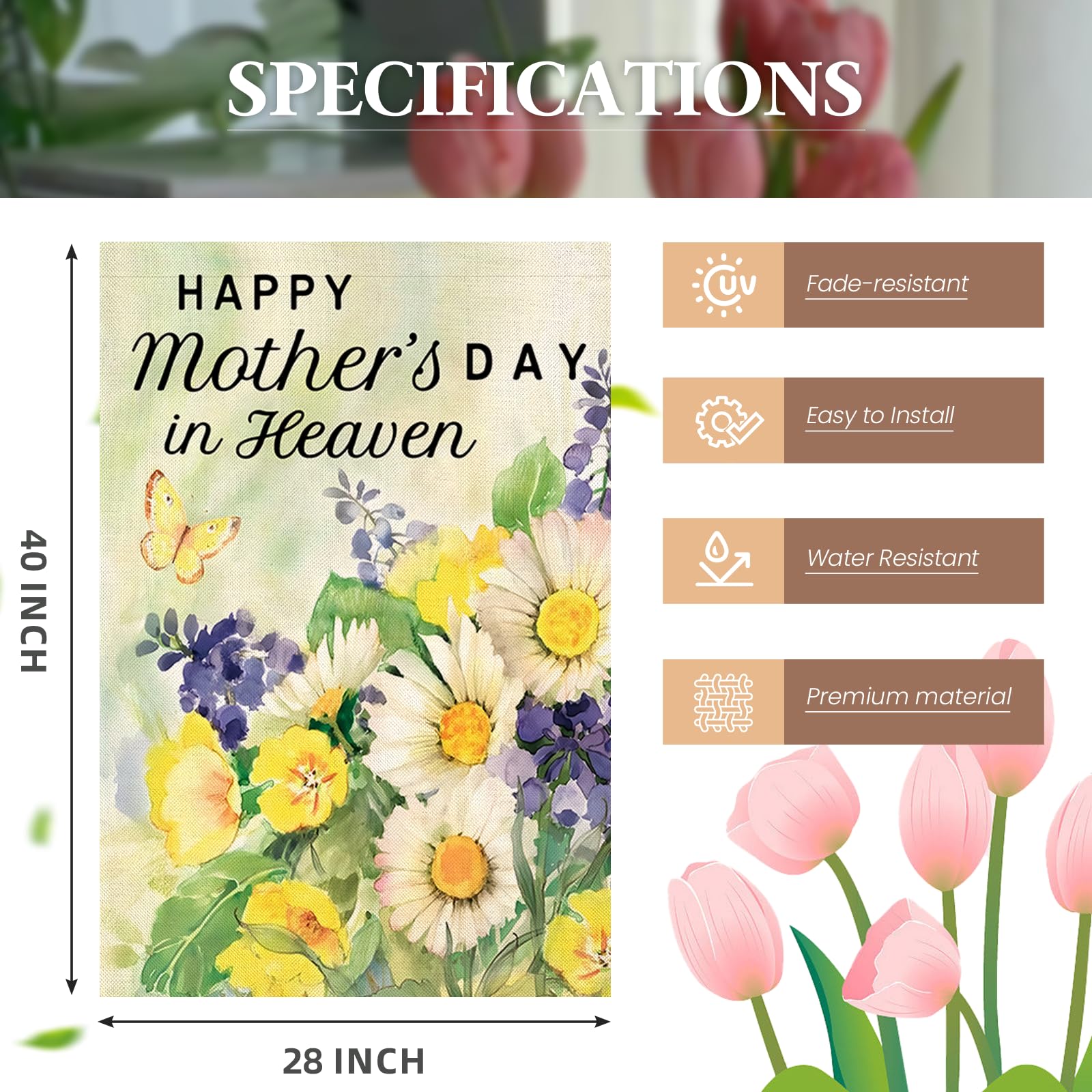Hausflagge „Happy Mother's Day In Heaven“ – 71x102 Cm, Doppelseitig, Wetterfest, Für Grab & Garten
