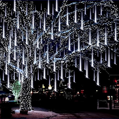 Miniatura 7 de Aukora - Luces azules de Navidad para exteriores, enchufe UL, 24 tubos, 576 LED de lluvia de meteoros, tándem de témpanos, nieve, decoración de