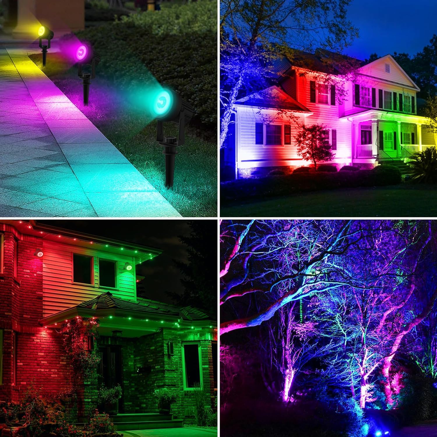 Lámpara LED Exterior Solare RGB, T-SUNUS Focos Solar Jardin Exterior con 6 Color Cambiantes, Impermeable IP65, Luz Solar Multicolor para Arboles Senderos Patio Paredes, 4 Piezas