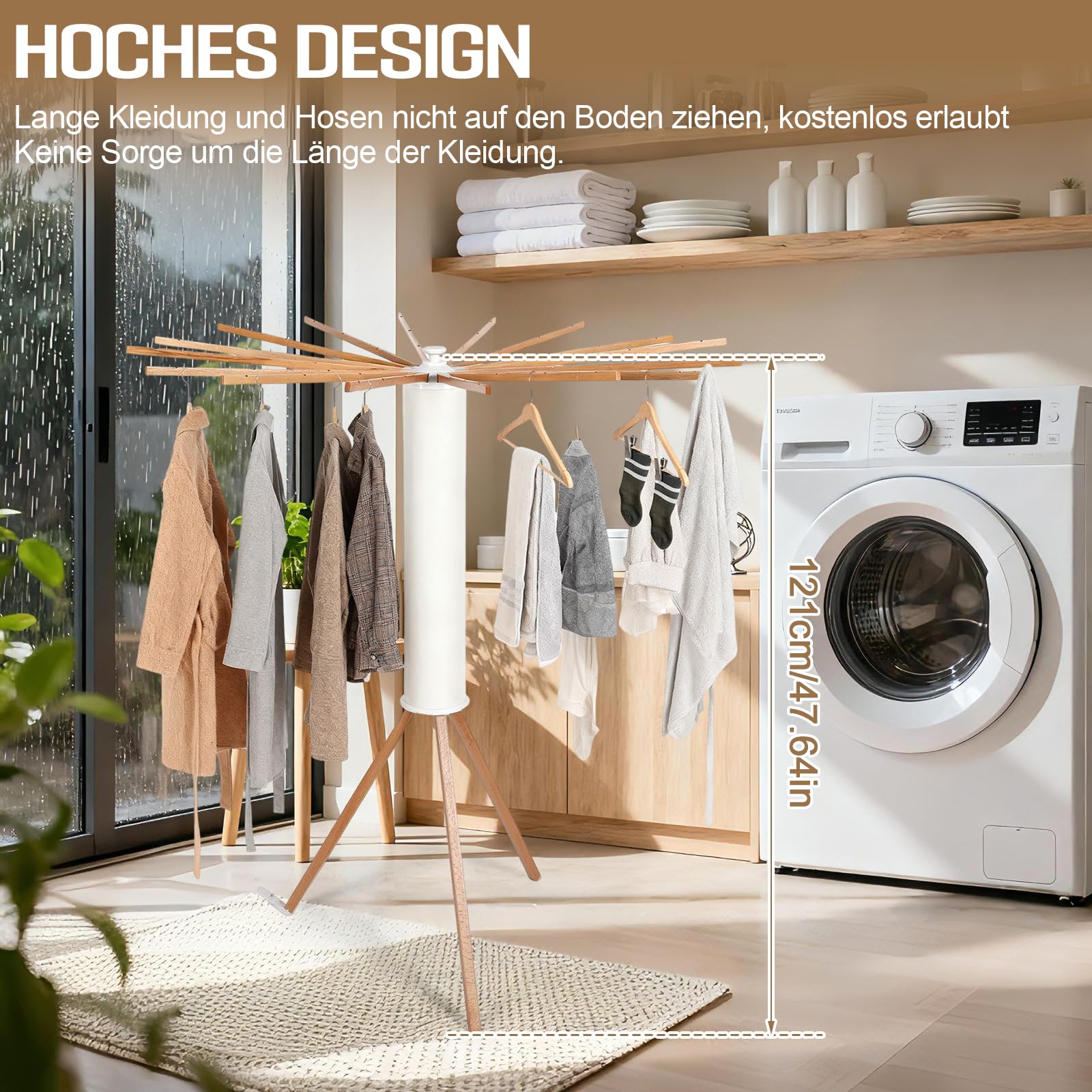 Tendedero de ropa ahorrador de espacio, secador de ropa plegable con 16 brazos de madera y 48 lugares para colgar, moderno secador Octopus, soporte portátil para ropa para balcón, interior, lavandería