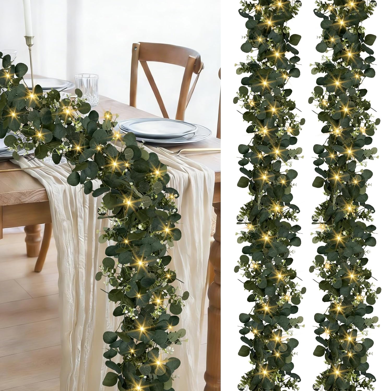 Eucalyptus Garland with Lights, 2 Packs 6FT Artificial Lighted Garland, Spring Summer Green Faux Garlands for Indoor Outdoor Home Decor Table Runner Wedding Arches Centerpieces Backdrops Decor