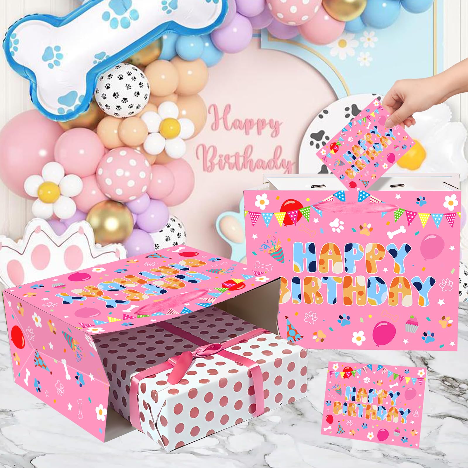 Cartoon Pink Dog Birthday Gift Bag with Wrapping Paper and Greeting Card Cute Hot Pink Dog Gift Wrap Paper Bags Large Cartoon Birthday Party Favor Bags Decorations for Girls Boys Party Supplies