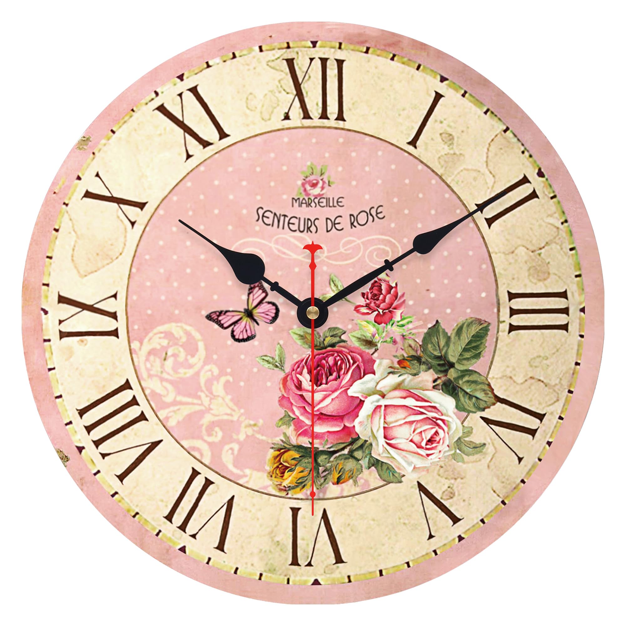 VIKMARI Home 14 Inch Battery Operated Silent Non-Ticking Vintage Wall Clock Design Wooden Round Roman Numerals Indoor Clocks Rose Pink Style Wall Clocks