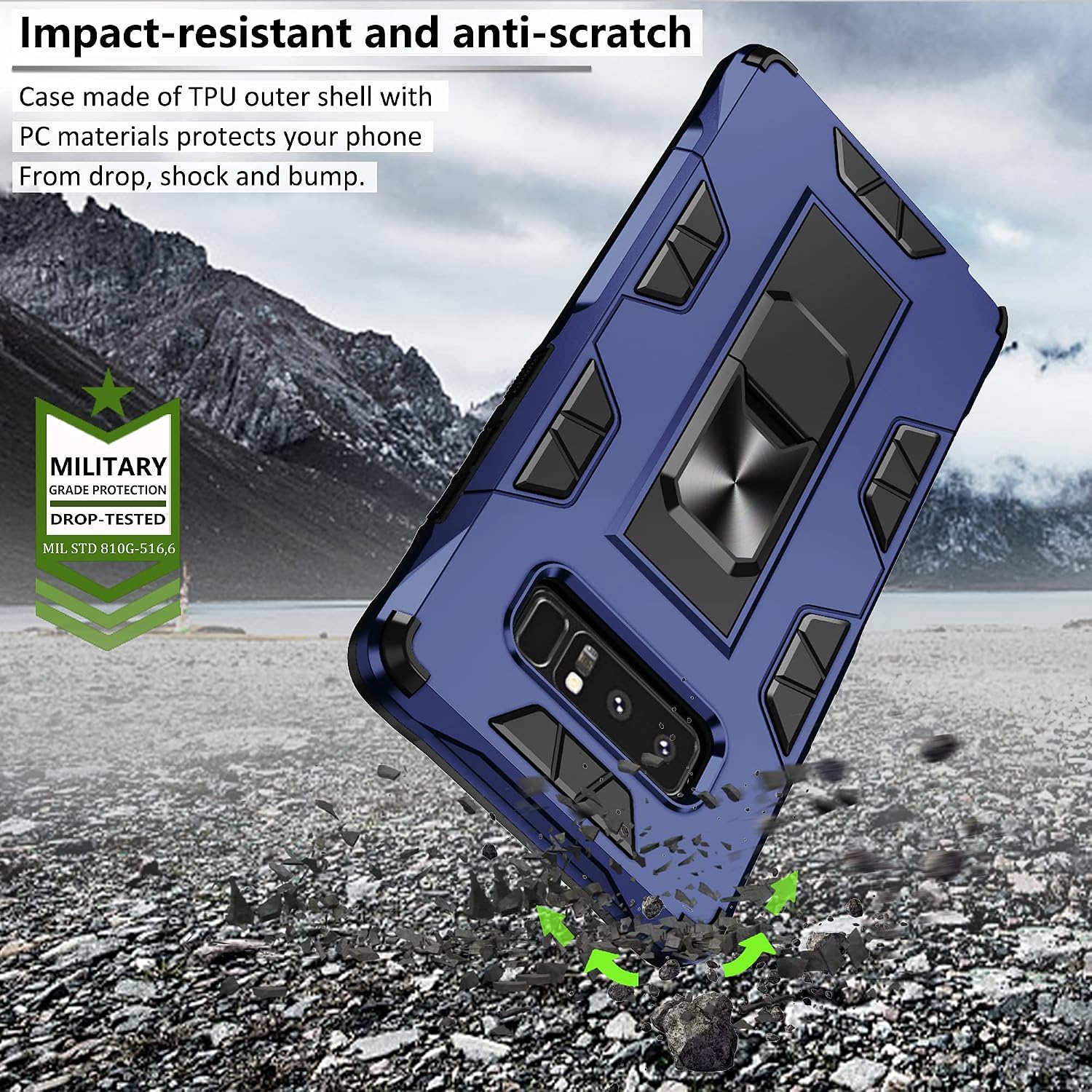 Compatible for Samsung Galaxy Note 8 Case with HD Screen Protector, Gritup Military Grade Dual Layer Protective Shockproof Cover Built-in Magnetic Kickstand Phone Case for Samsung Note 8, Blue