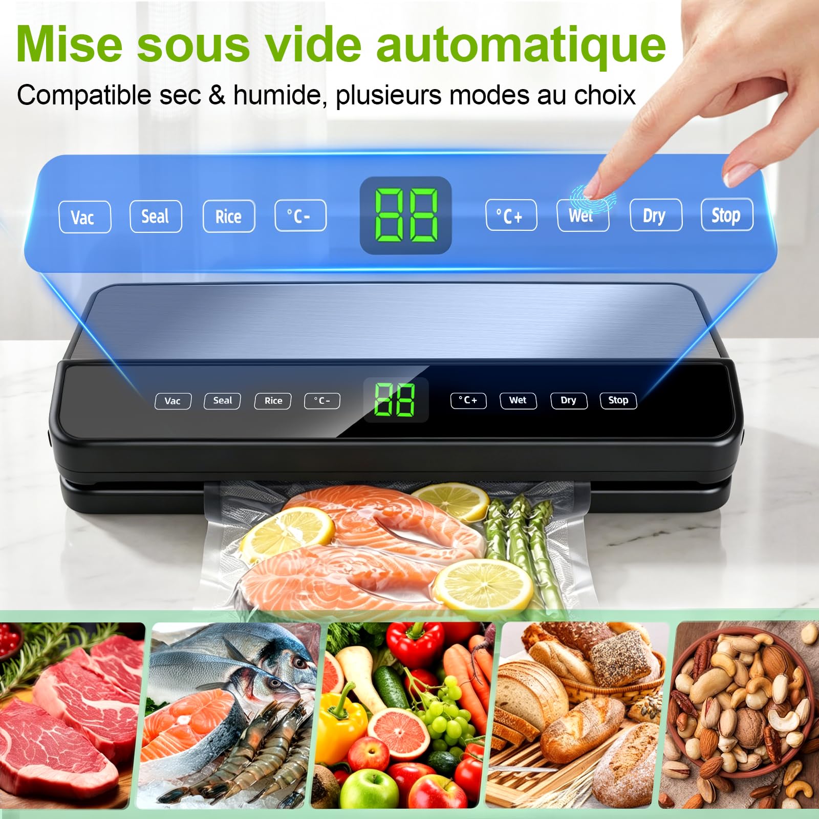 Machine Sous Vide Alimentaire, Automatique Secs et Humides Appareil de Mise Sous Vide, Machine vide Appareil Professionnel avec Cutter intégré, 20 sacs sous vide, 1 sac enroulable et Tube Sous Vide