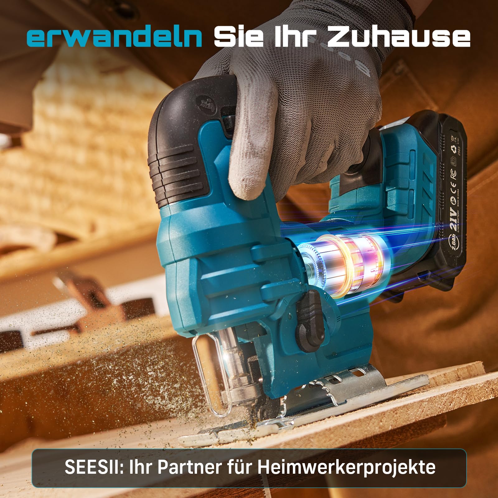 Seesii Stichsäge 21V, Akku Stichsäge mit Akkus und Ladegerät Set, 6-Stufen, Mit LED, 0°-45° Gehrung, 4 Pendelhub-Einstellungen, 20mm Hubhöhe, 2800 SPM, 9 Sägeblättern, mit Tragetasche