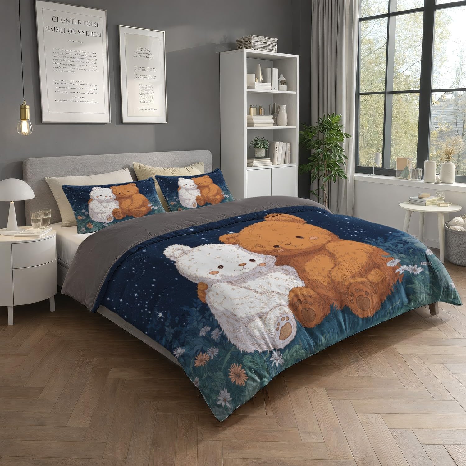 Poszwa na kołdrę 180 x 220 cm dziecięca anime - zestaw pościeli z miękkiej mikrofibry biały brązowy uroczy miś odwracalne kwiaty, dla nastolatków z zamkiem błyskawicznym 2 poszewki na poduszki 65x65