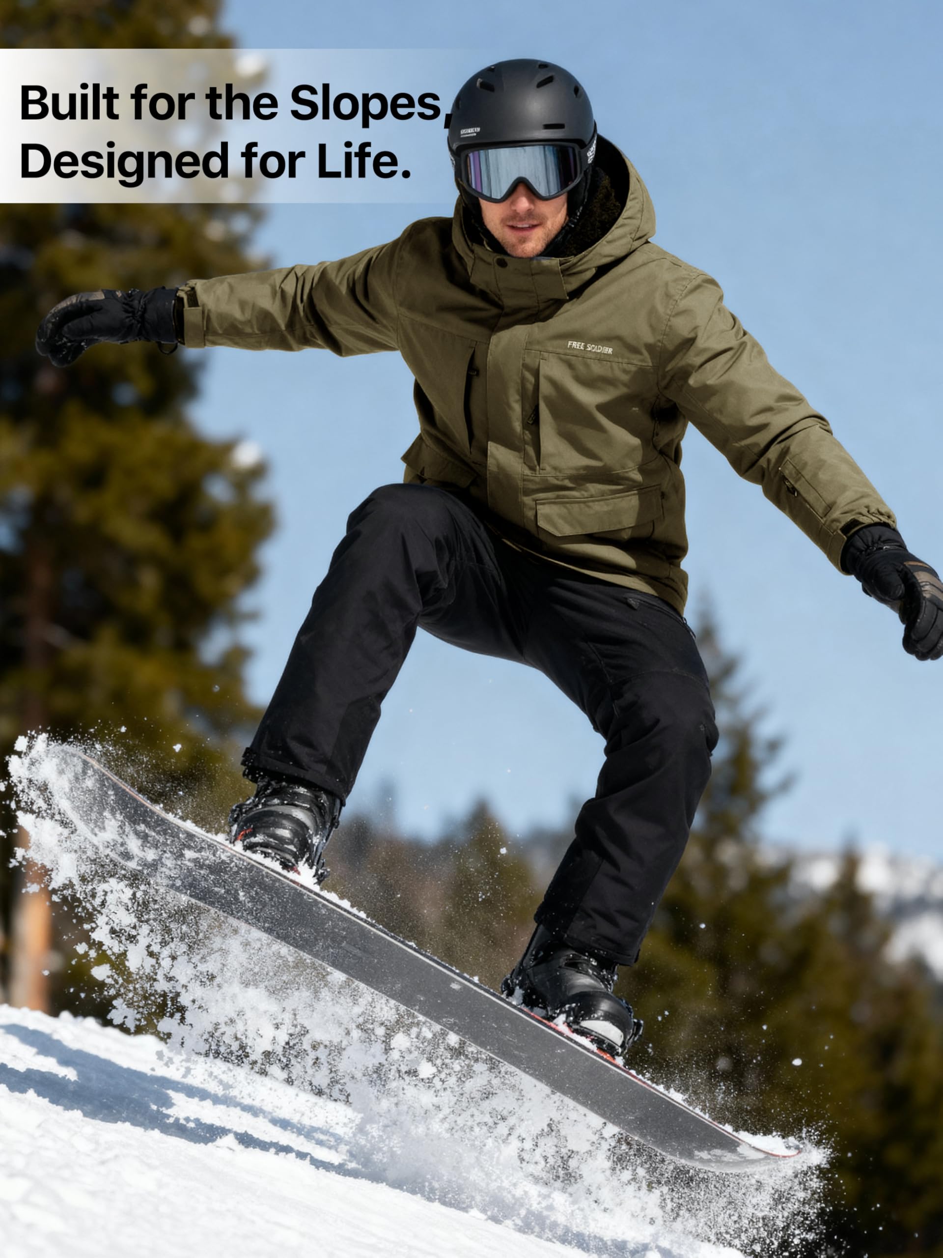 FREE SOLDIER Chaqueta de esquí impermeable para hombre, forro polar, abrigo de nieve cálido con capucha y costuras totalmente selladas