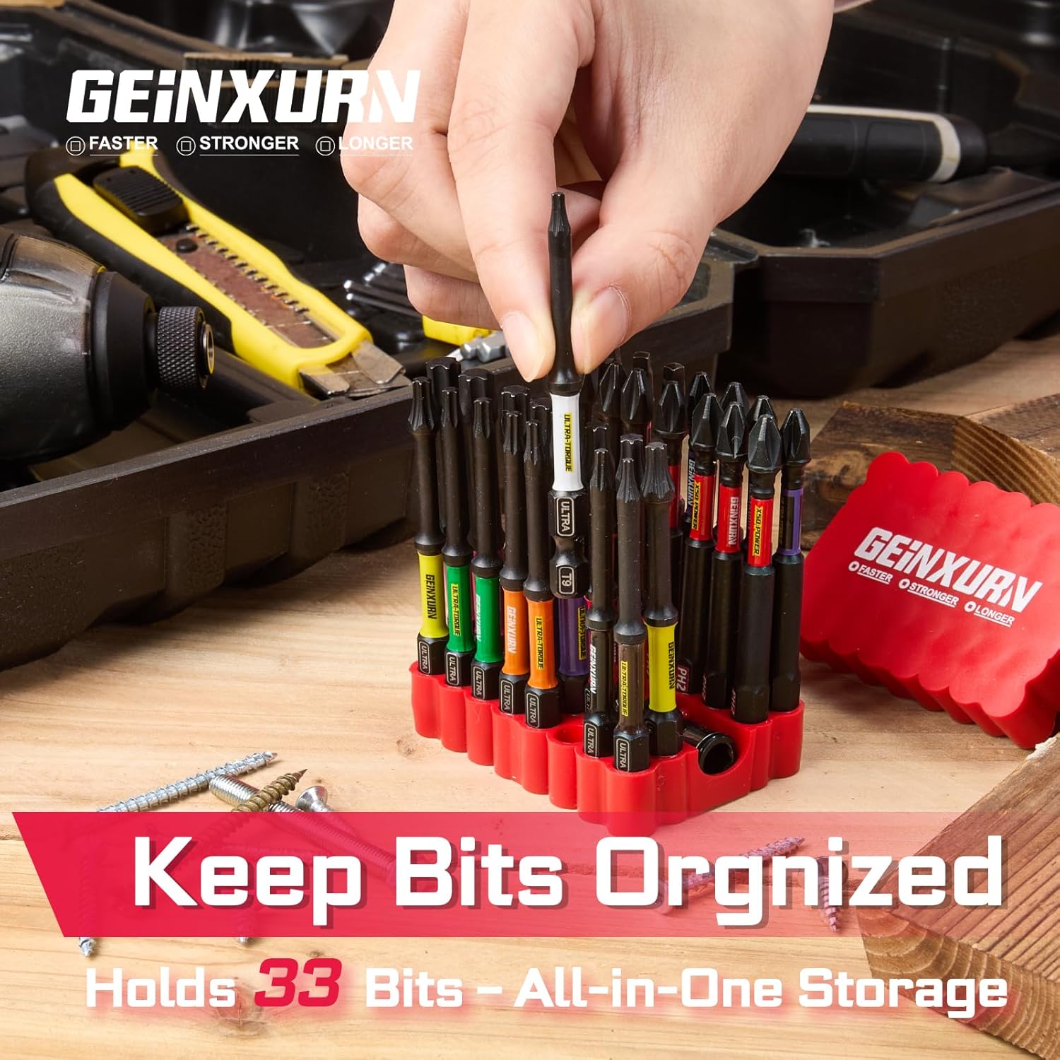 Geinxurn Impact Screwdriver Bits Set, 33 Pieces 3”Multi Head Magnetic S2 Steel Driver Bits PH/SQ/Torx/Pozi With Red Soft Base