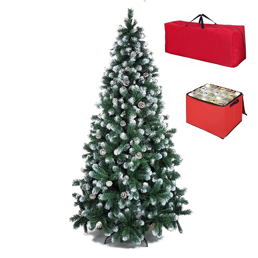 Totò Piccinni Albero di Natale Artificiale NOEL, Folto, Effetto Realistico, Rami a Gancio, Facile Montaggio, PVC, Ignifugo, Incluso Borsa e Porta Palline (150 cm, Punte Innevate e Pigne)