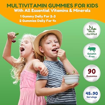 SHIFAA NUTRITION Halal Kids Multivitamin Gummies, 45-90 Days Supply, with All Essential Kids Vitamins. Toddler Vitamins with Vitamin C, D, Zinc, A, E, B6, B12, Biotin | Halal Gummies for Kids