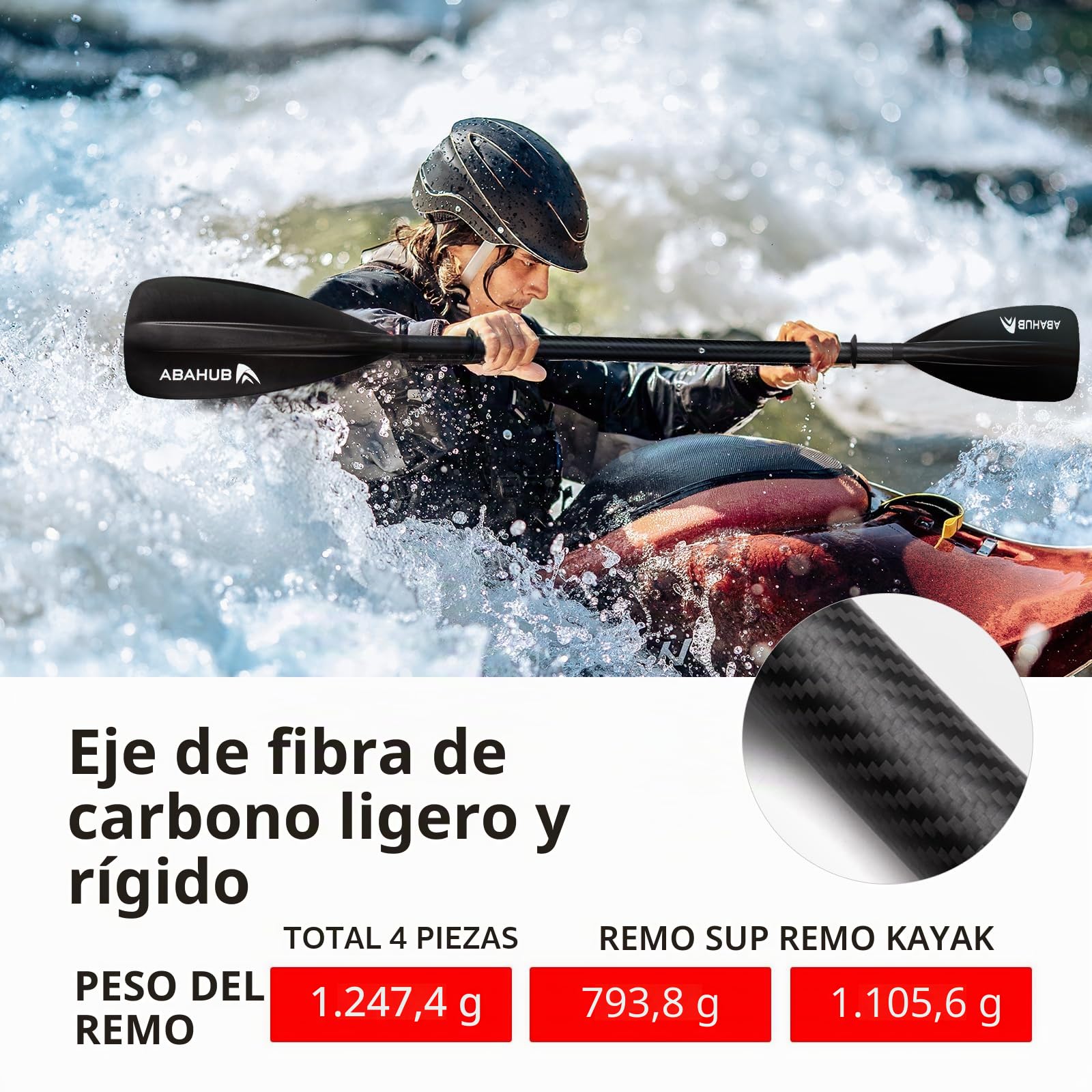 Abahub Kayak Paddle Sup Pala Ajustable Carbono Eje Hoja de plástico