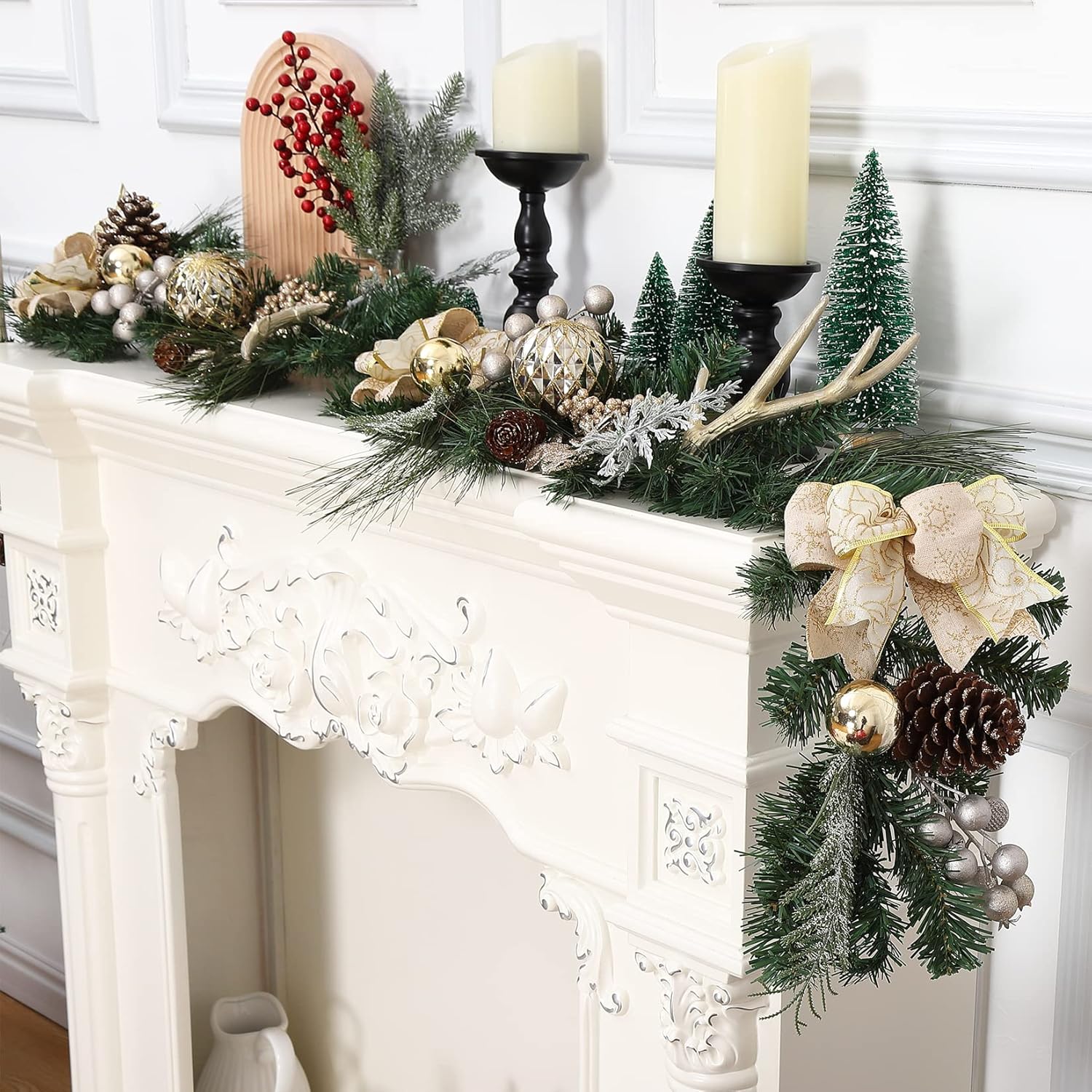 Adeeing Christmas Garland with Lights, Champagne Gold 6FT 20LED Pre-Lit Christmas Garland with Ball Ornaments, Ribbons, Pine Cones and Artificial Antlers for Door Mantle Stairs Christmas Decoration - Image 7