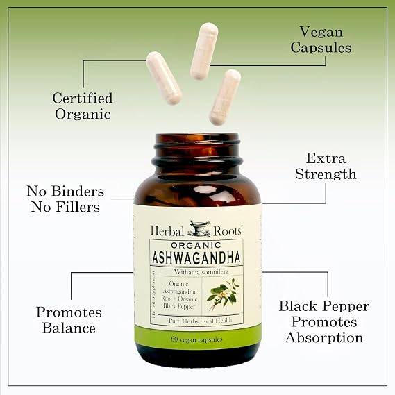 Herbal Roots Organic Ashwagandha Capsules - Extra Strength - 2 Month Supply - Certified USDA Organic - 60 Vegan Capsules