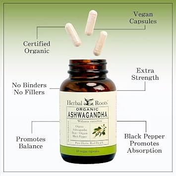 Herbal Roots Organic Ashwagandha Capsules - Extra Strength - 2 Month Supply - Certified USDA Organic - 60 Vegan Capsules