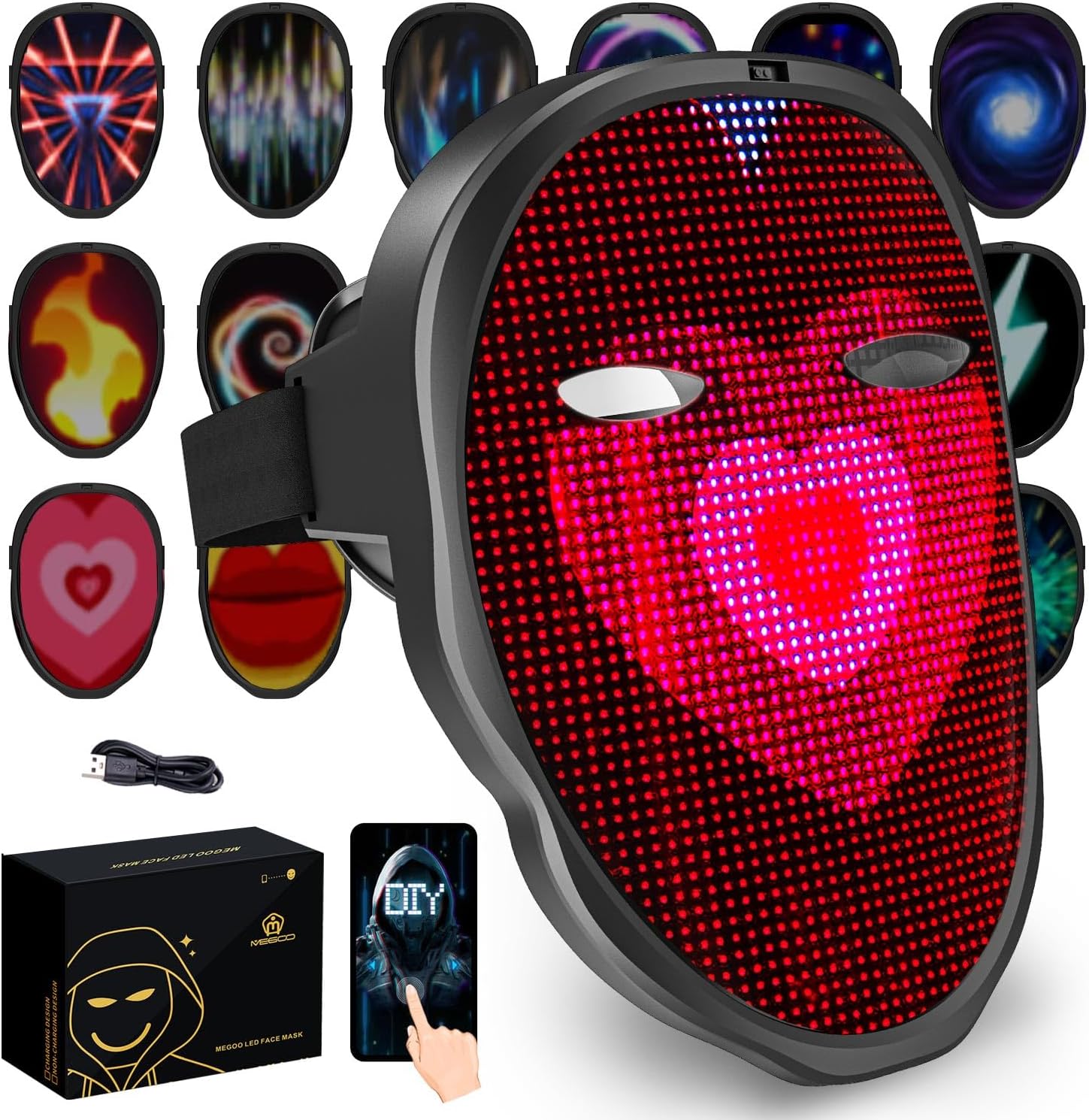 megoo LED Mask with Bluetooth Design Customized Programmable by APP,Halloween LED Luminous Mask for Costume Halloween DJ Masquerade Rave Cosplay Birthday Party