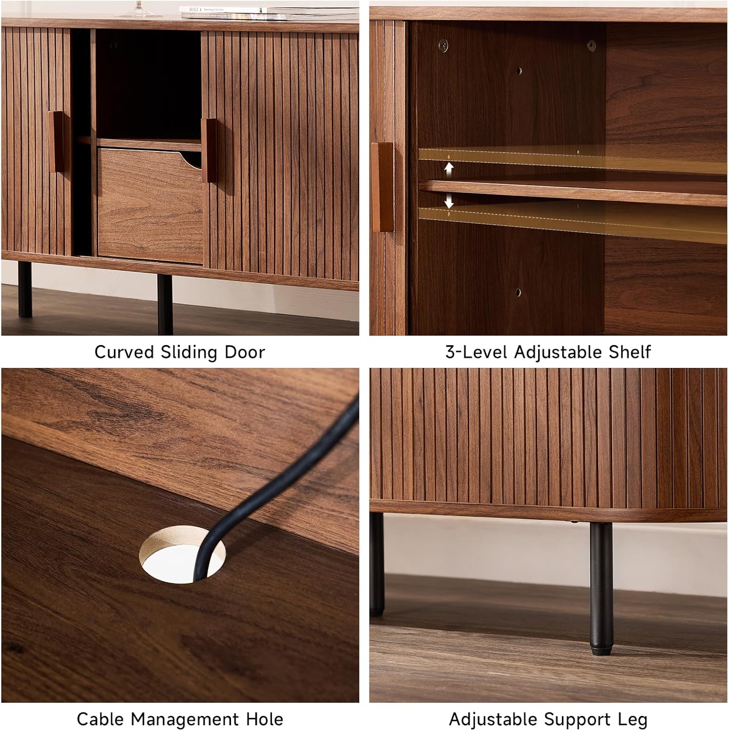 ONBRILL 69" TV Stand with Power Outlet for TVs up to 80", Entertainment Center with Storage and Drawer, TV Console with Adjustable Shelves and Sliding Door, TV Stand for Living Room, Bedroom, Walnut - Image 4