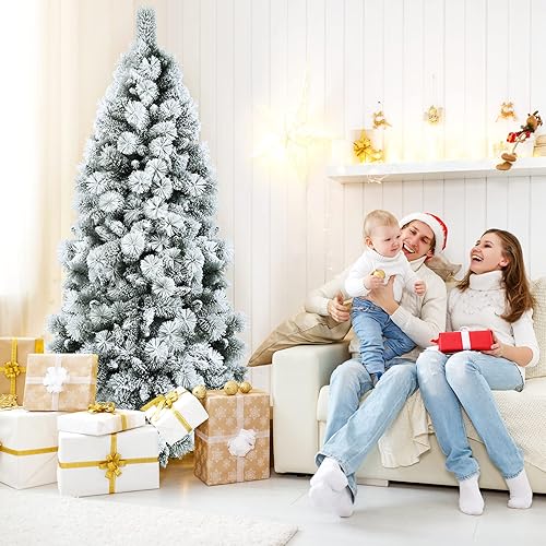 Miniatura 2 de Goplus Árbol de Navidad artificial flocado de nieve de 5 pies, árbol de Navidad con bisagras de lápiz blanco sin luz, con soporte de metal, 310