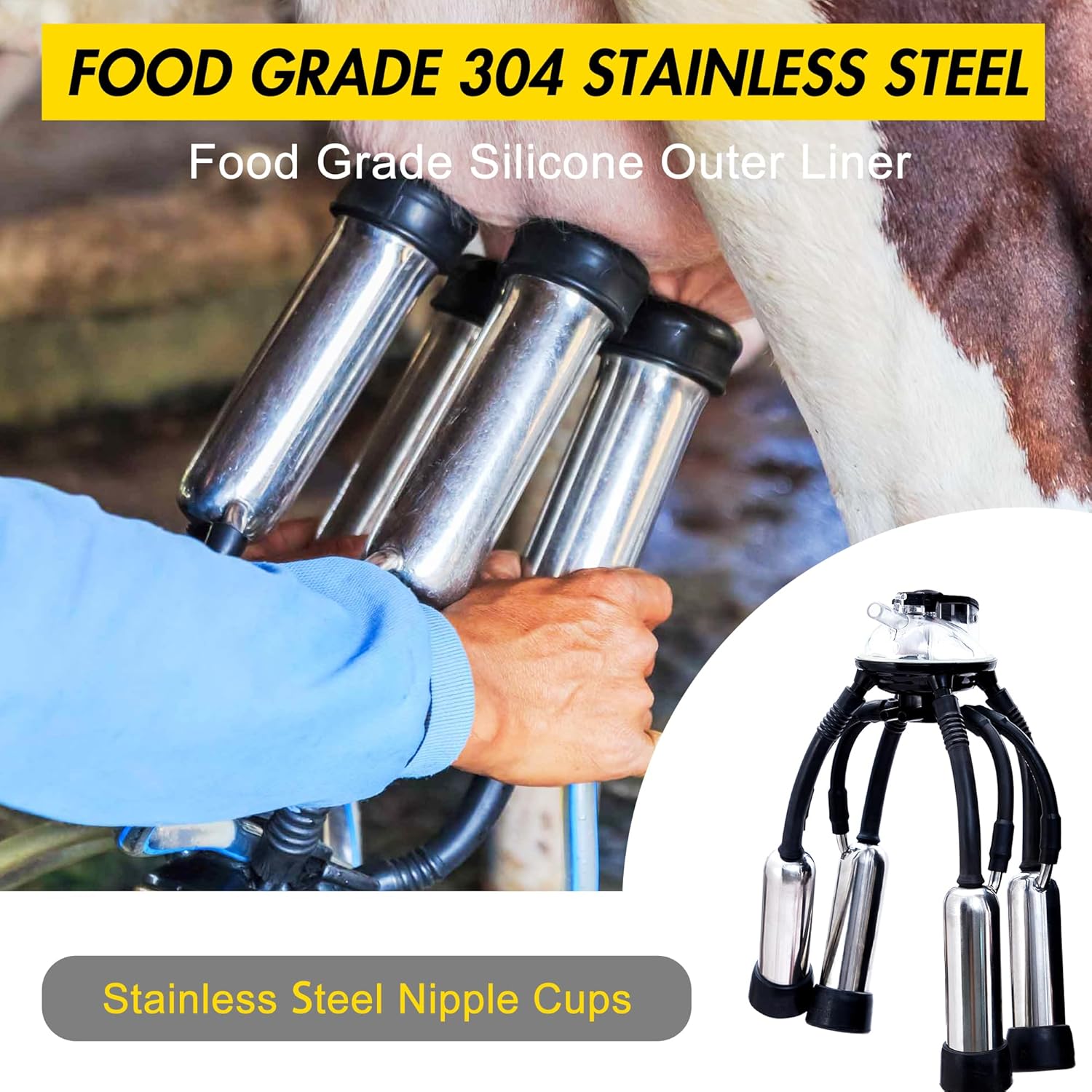 Cow Milking Machine Portable, 55KPA 15000 RPM Milking Equipment with 25 L/6.6 gal Stainless Steel Bucket, Electric Milker Machine 5-8 Cows Per Hour with Silicone Cups and Tubes for Cows and Goats image 4 of 8 B0FPLYG7ZH