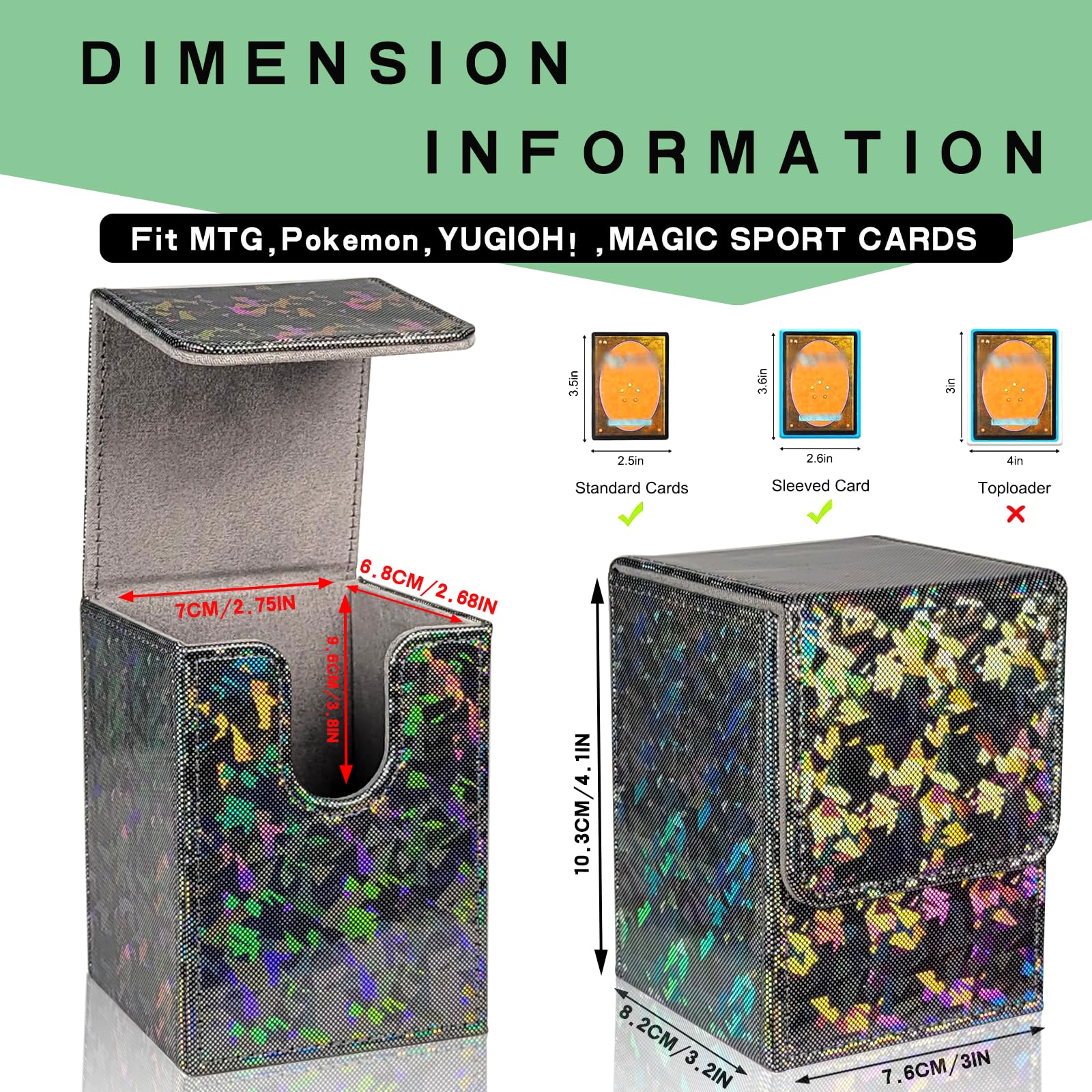 Dmoicols Caja de cartas brillante con capacidad para más de 100 tarjetas de una sola manga, funda de almacenamiento de tarjetas de cuero, caja de mazo MTG Commander con 2 separadores para tarjetas