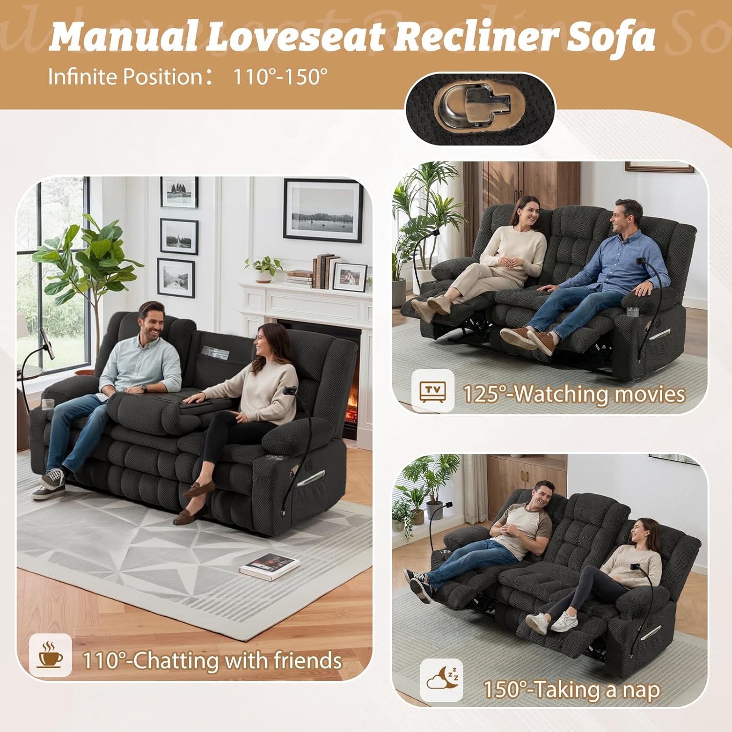 Reclining Sofa with 2-Layer Cushion, Home Theater Loveseat Recliner Sofa Couch with Hidden Drawers & Phone Holder, RV Wall Hugger Recliner Sofa with 3 Seater & Console (Grey, 77‘’)