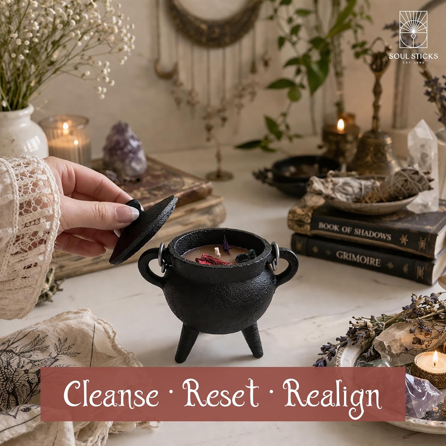 Reusable 4-Inch Cast Iron Cauldron Candle with Lid and Hanging Handle | Ritual & Aromatherapy Candle for Spell Casting, Smudging, Home Cleansing | Herb-Infused with Essential Oils (Eucalyptus)
