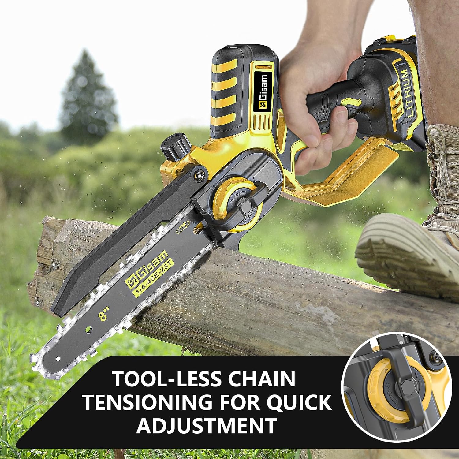 Close-up of tool-less chain tensioning knob on chainsaw
