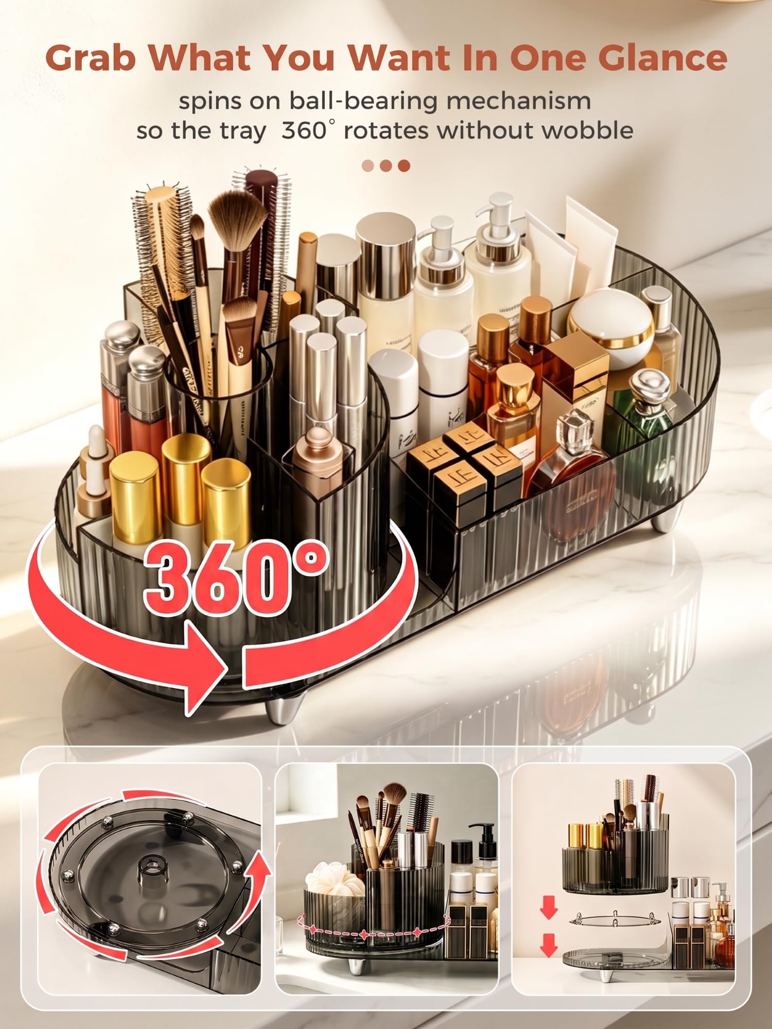 Booklov Modern Elegant Make-up-Organizer, Kosmetik-Display-Case, Schwarz, Poliert, 360° drehbar, 9 Fächer, für 30 Kosmetikartikel, Hochwertiges PET-Material, Tischplatte, 1 Stück