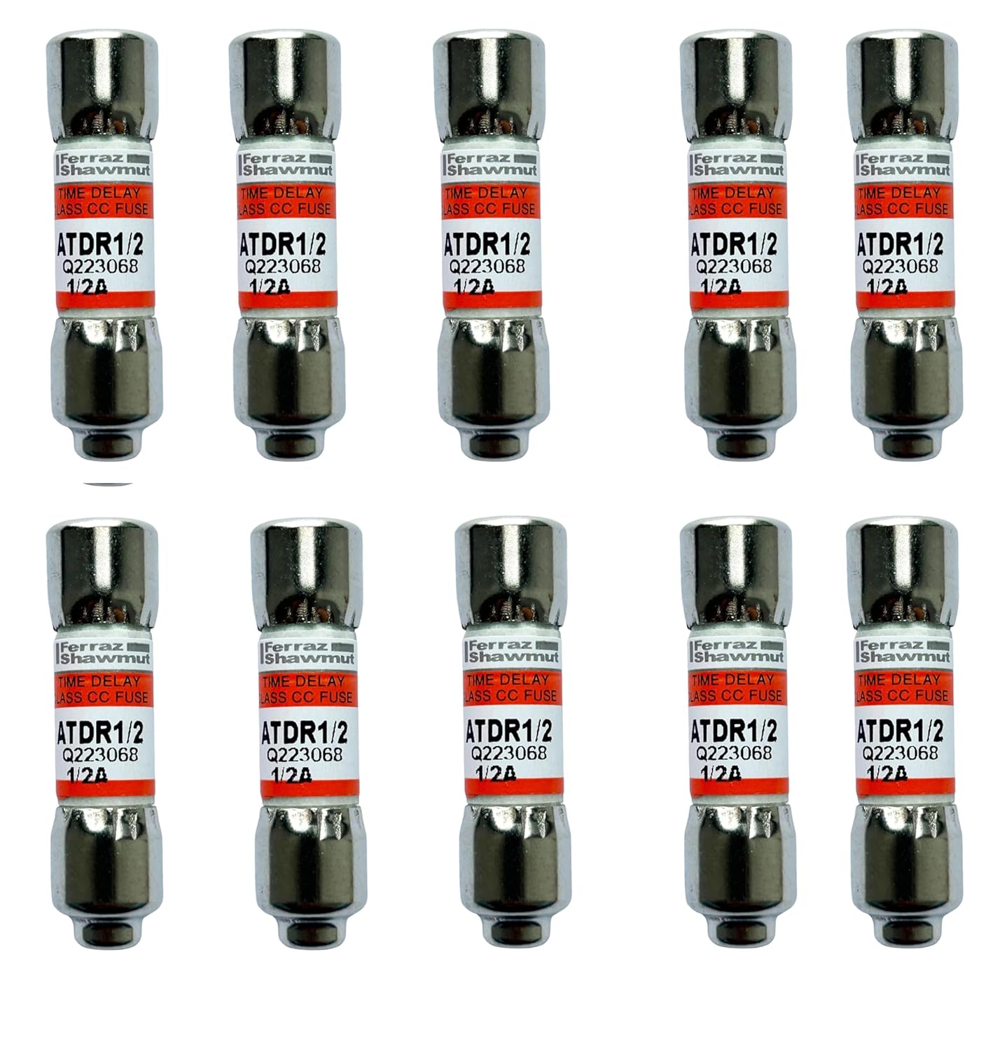 10-Pack New ATDR1/2 ATDR-1/2 ATDR-1/2A 600Vac Time Delay Class CC Fuse，ATDR-1/2A Cartridge Time-Delay Fuse