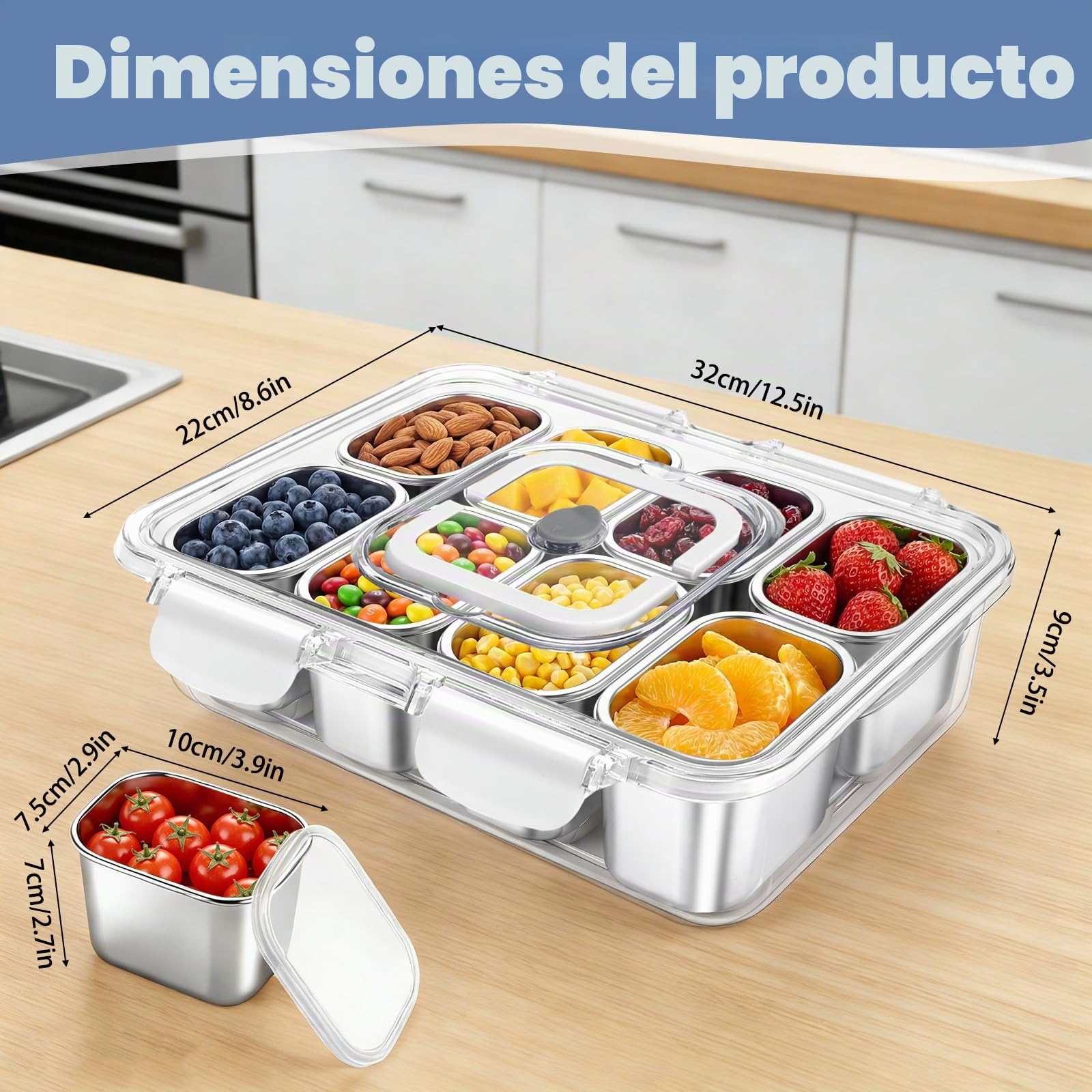 Caja de aperitivos con 8 compartimentos de acero inoxidable, | bandeja de aperitivos con asa y tapa, para diferentes frutas y aperitivos, así como especias para fiestas, pícnics y viajes