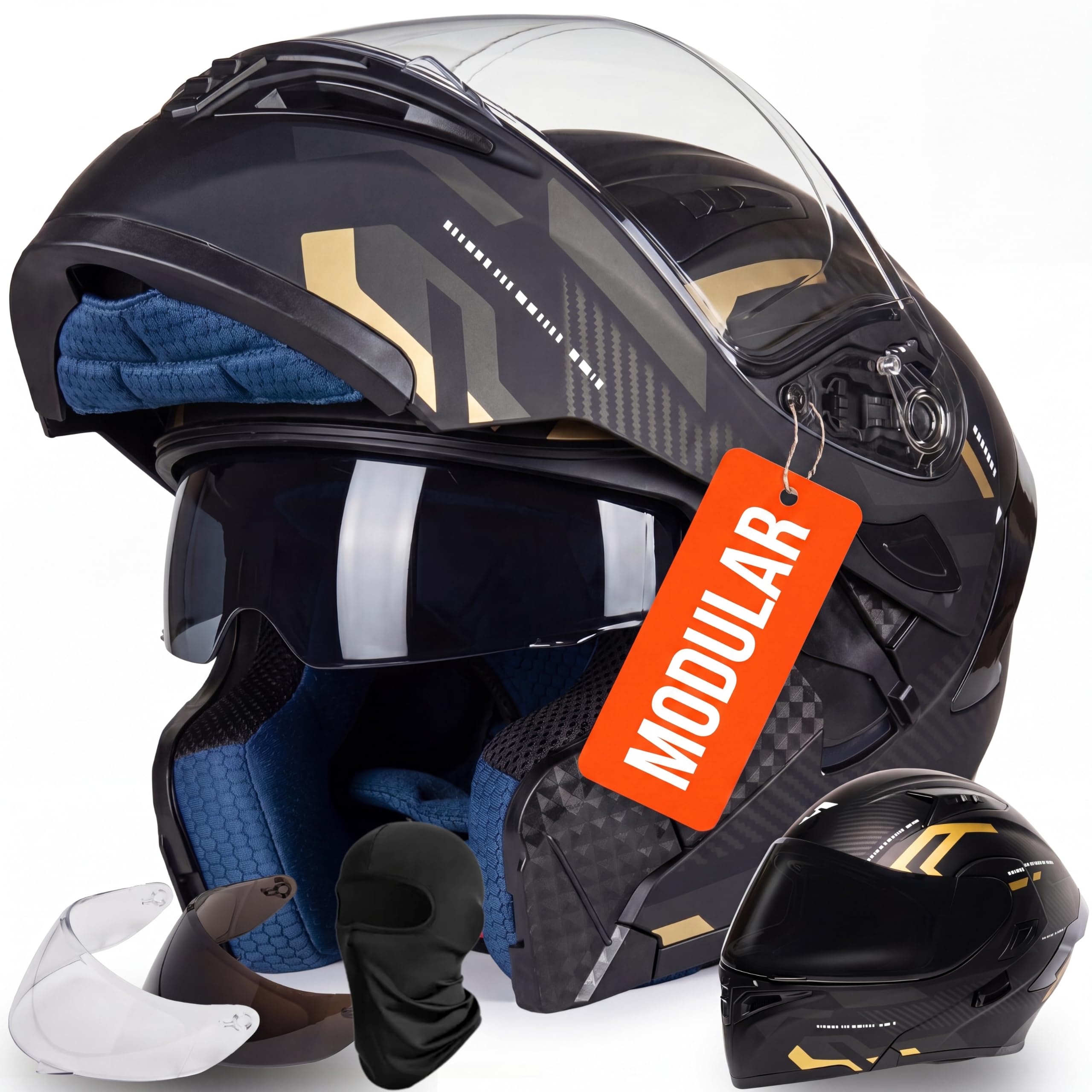 FIOEMI Modular Motorcycle Helmet, DOT Approved Full Face Flip Up Helmet with Dual Visor & Drop-Down Sun Visor, Anti-Fog Shield, Bluetooth Speaker Pockets, Ski Mask & Visor Bundle for Men Women