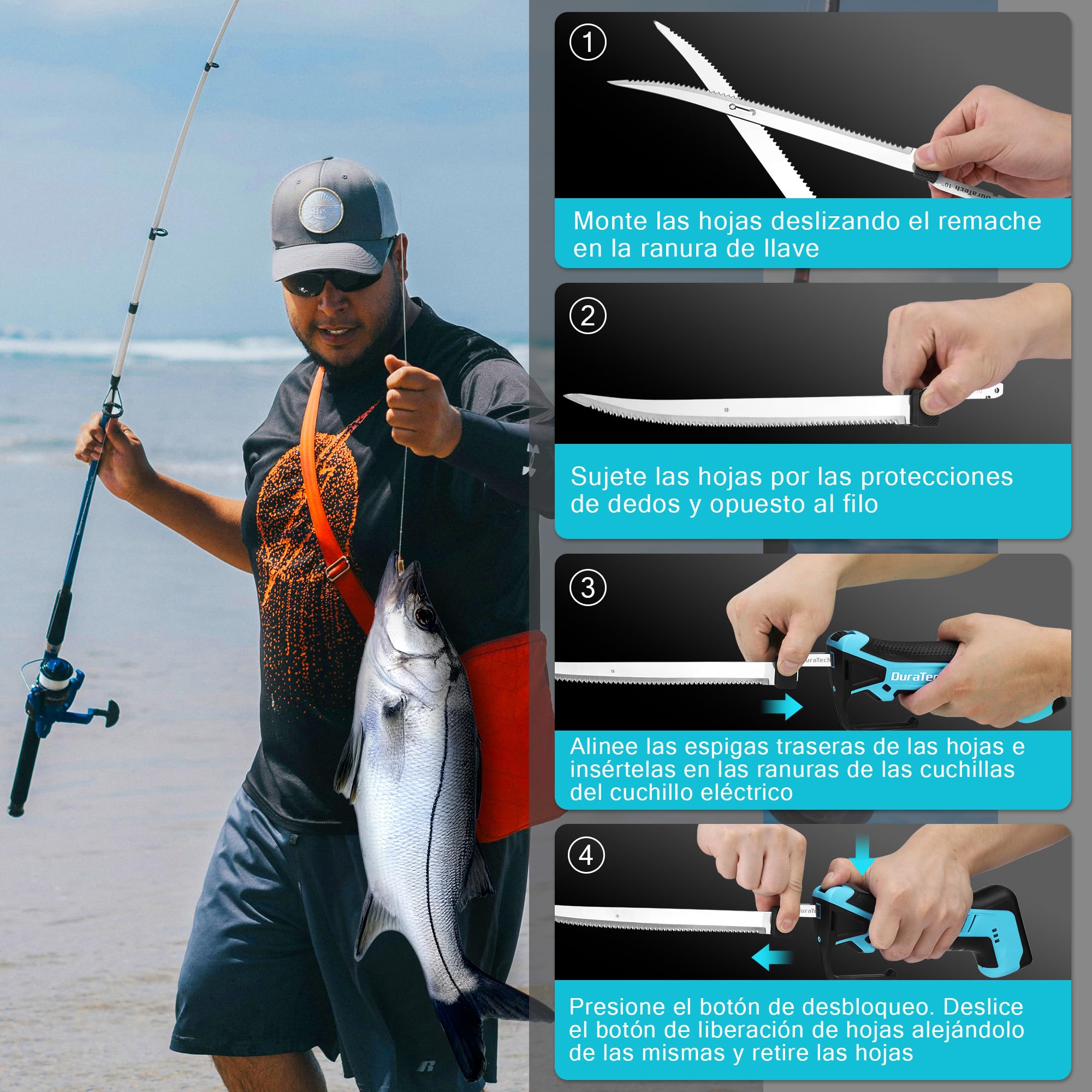 DURATECH 12V Coltello Elettrico da Cucina Senza Fili, Coltello Sfilettare Pesce con Lame da 20cm e 25cm, Batteria Integrata 2000mAh, Type-C, Blocco di Sicurezza,Ideali per Pescatori, Chef