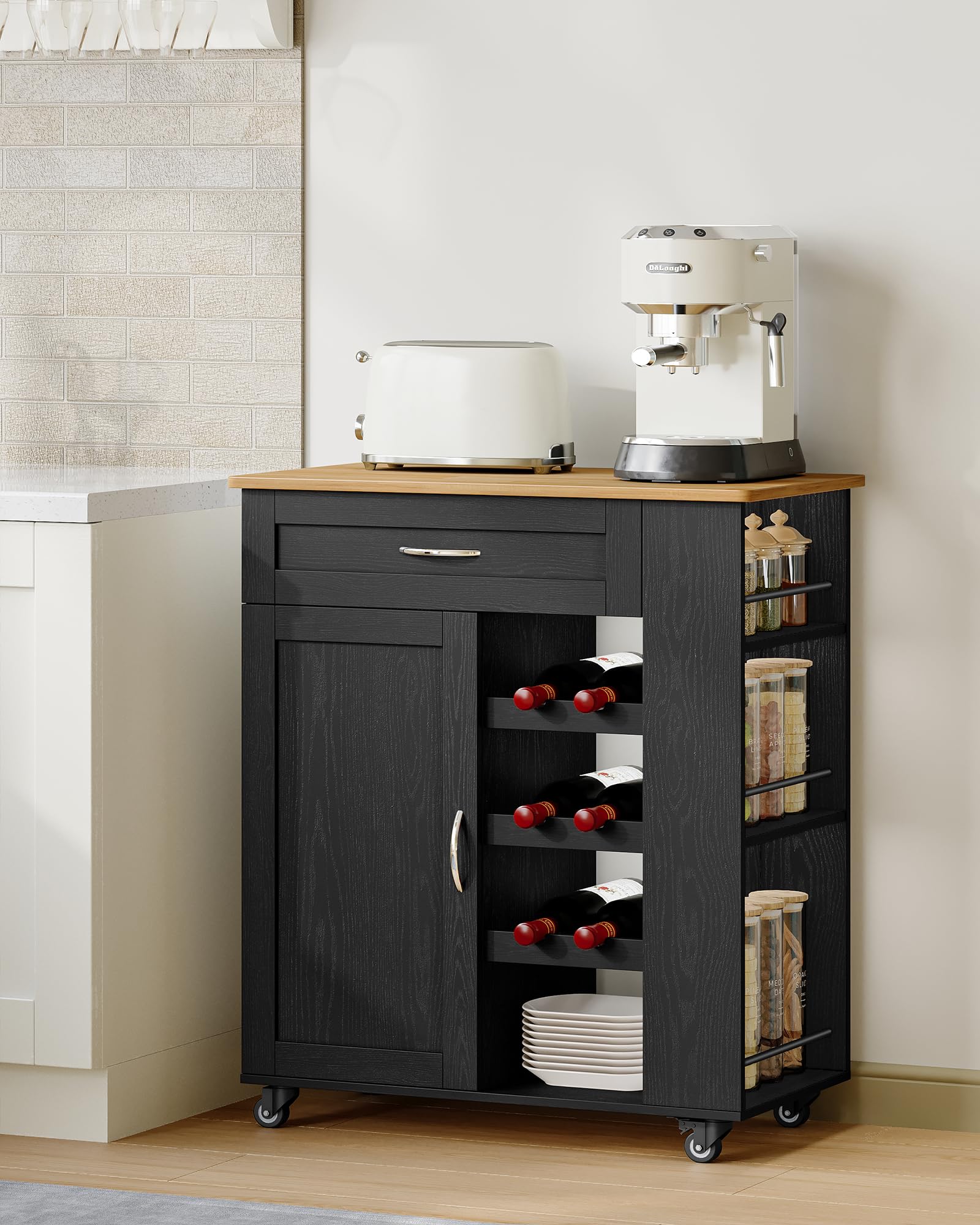 Hzuaneri Servierwagen, Küchenwagen mit Rädern, Weinregal, Kücheninsel, Kochinsel, Küchenregal stehend Möbel, Rollwagen, für Küche, Wohnzimmer und Esszimmer, 68 × 86 × 40 cm, Schwarz ST03004B