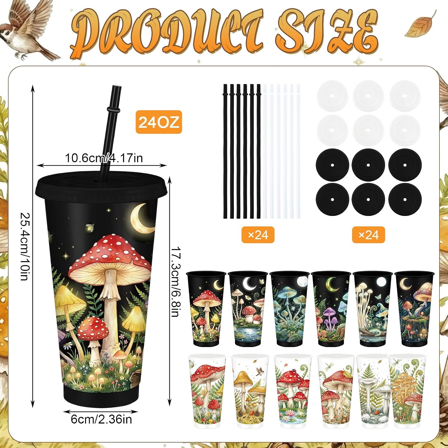 Potchen 24 Pcs Mushroom Plastic Cups with Lids and Straws 24 oz Reusable Tumblers Mushroom Themed Gifts for Women Birthday Party Cute Woodland Fairy Accessories Stuff Thing