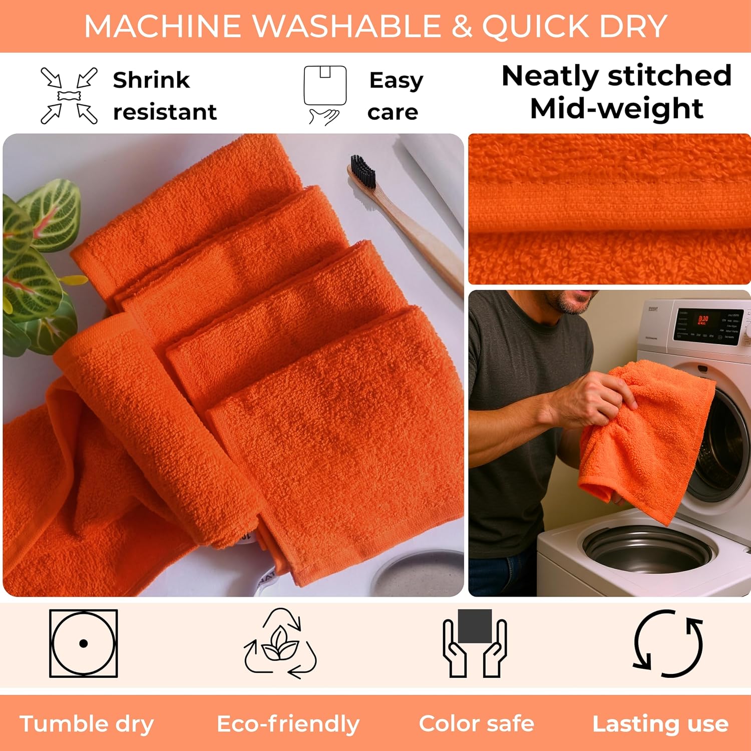 Orange 100% Cotton Wash Cloths for Showering Body and Face - 12"X12" 6 Pack Washcloths - Small Terry Towel Bath Rags for Adults and Kids Bathroom - Soft Absorbent