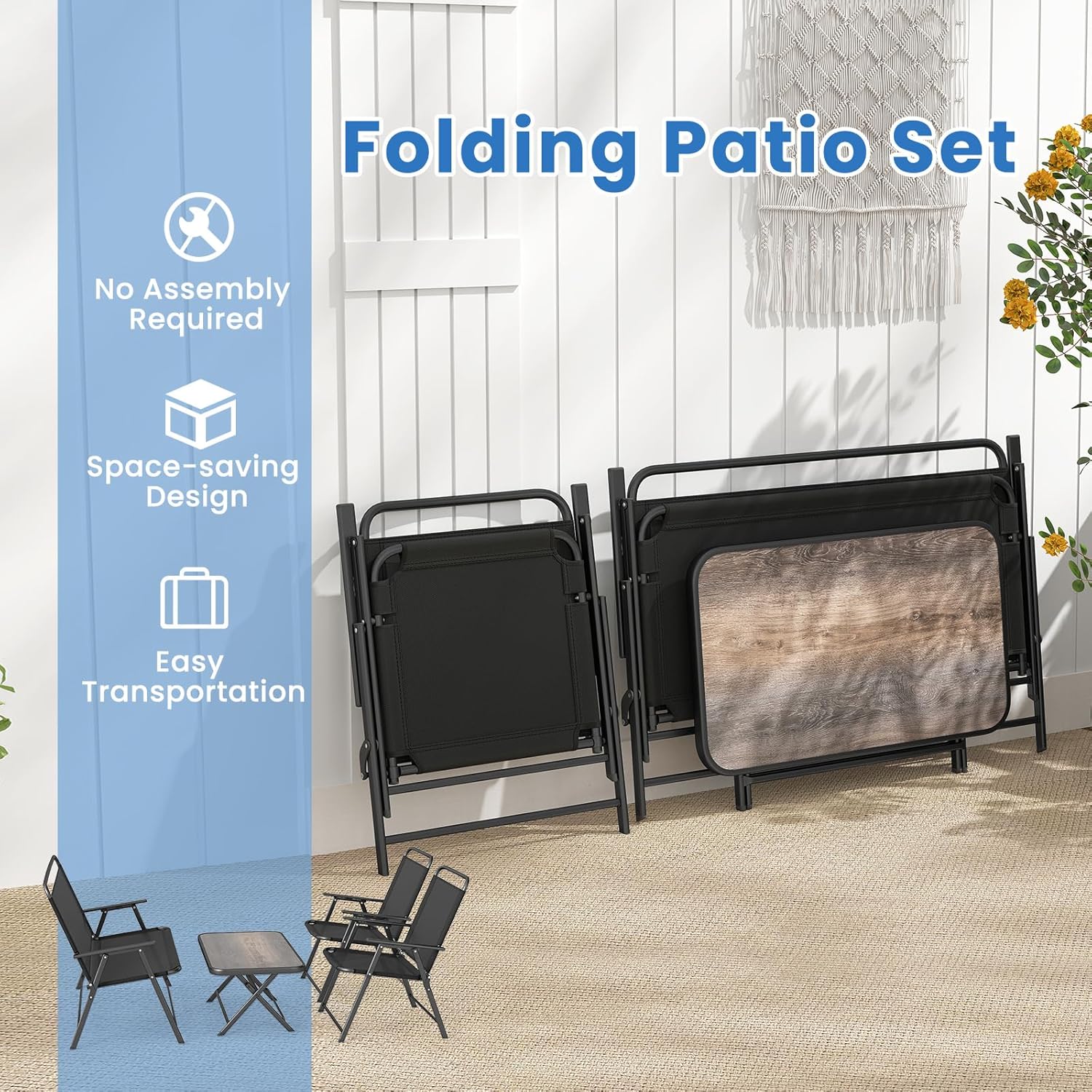 HAPPYGRILL 4 Pieces Folding Patio Conversation Set, Outdoor Furniture Set with SPC Coffee Table, Loveseat and Patio Chairs, Patio Bistro Sectional Set with Metal Frame for Garden, Deck and Backyard