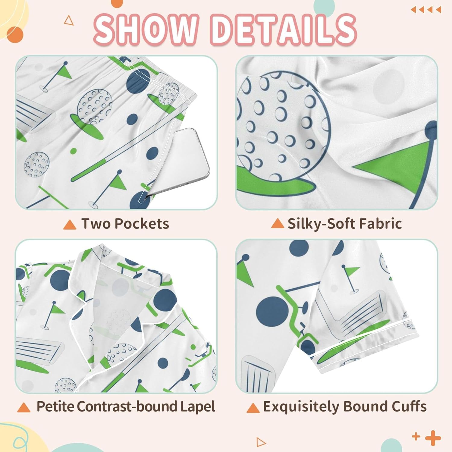 Golf Sports White Silk Pajama Sets Short Sleeve Pajamas Soft Sleepwear 2 Piece Pjs Set, 9-10 Years