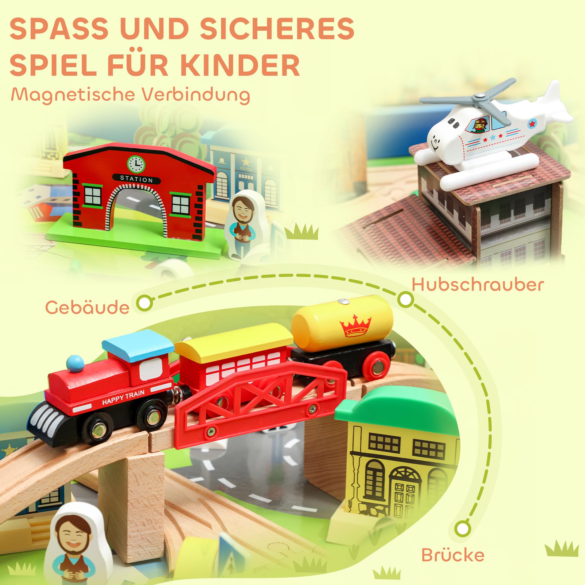 AIYAPLAY Spieltisch 108-teiliges Eisenbahn-Set für Kinder ab 3 Jahren Blau | Aus Holz, Holzeisenbahn mit Abnehmbarer Tischplatte, Eisenbahntisch