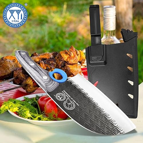 Miniatura 7 de XYJ Auténtico desde 1986, cuchillo de carnicero de chef serbio con estuche, cuchillo de cocina para verduras de chefs, espiga completa para acampar
