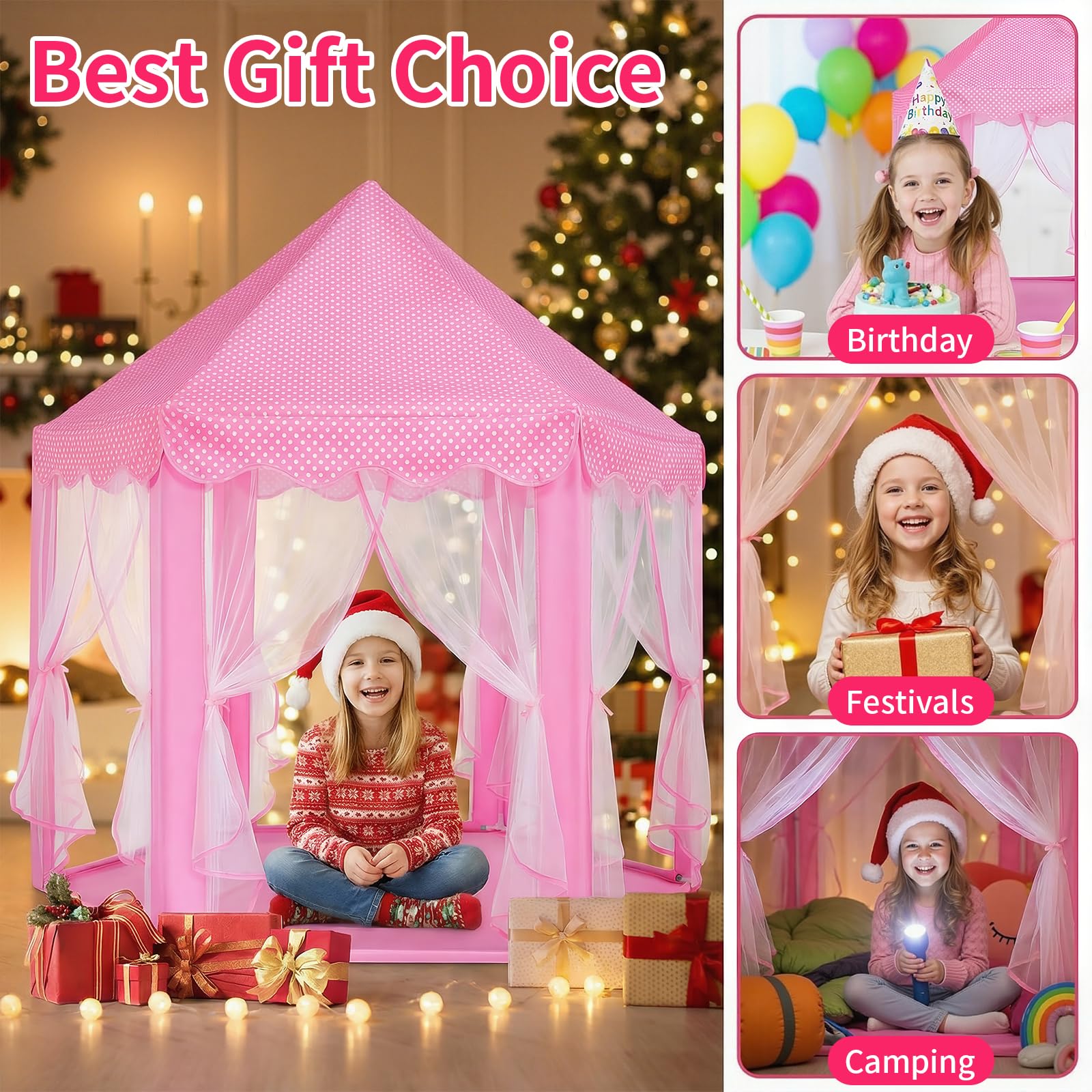 Sumbababy Tiendas de juego para niños princesa castillo tienda para niñas hada hexagonal casa de juguete para niños o niños pequeños juegos interiores o exteriores (rosa)