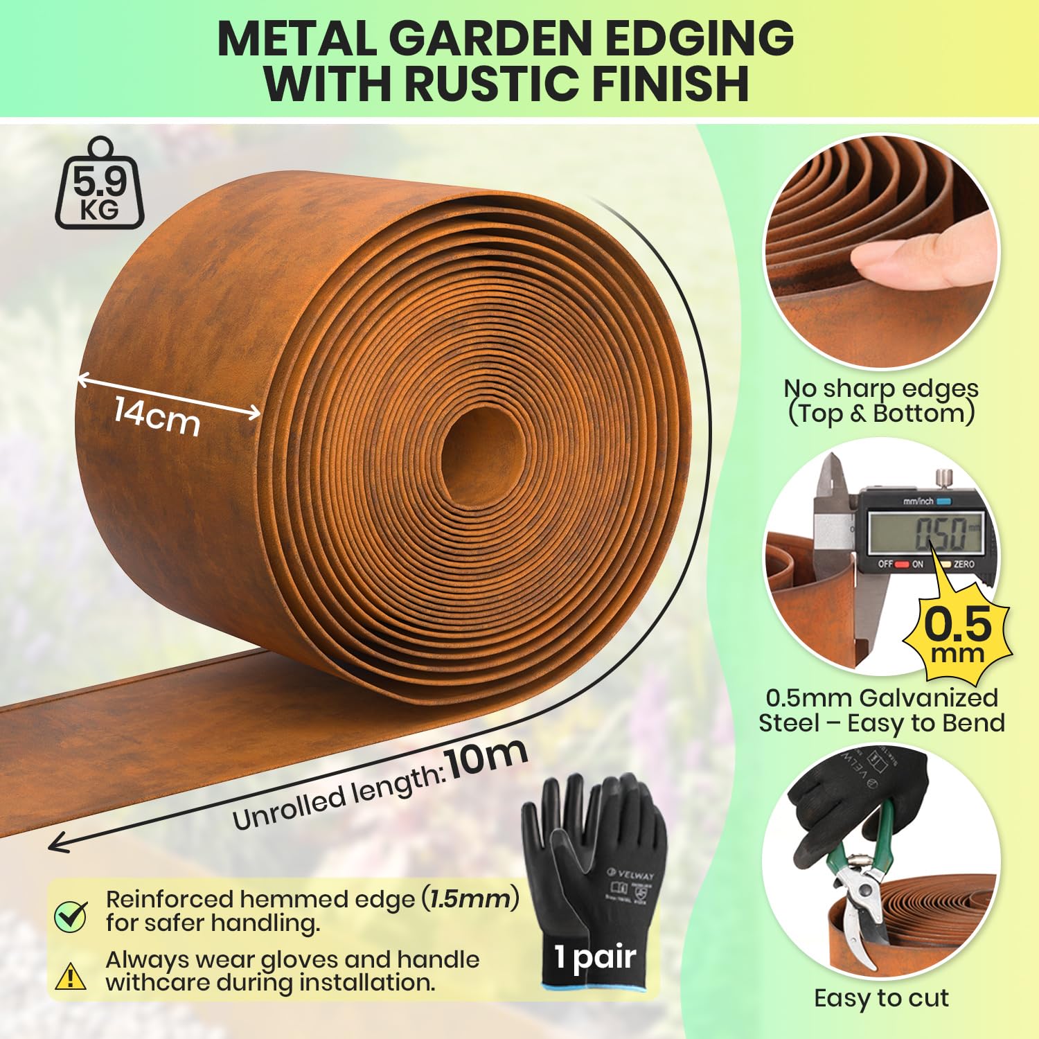 Velway Bordura Acero Corten 10m x 14cm Borde Metálico Jardín Efecto Óxido | Separador de Césped, Grava y Parterres | Fácil Instalación, Incluye Guantes