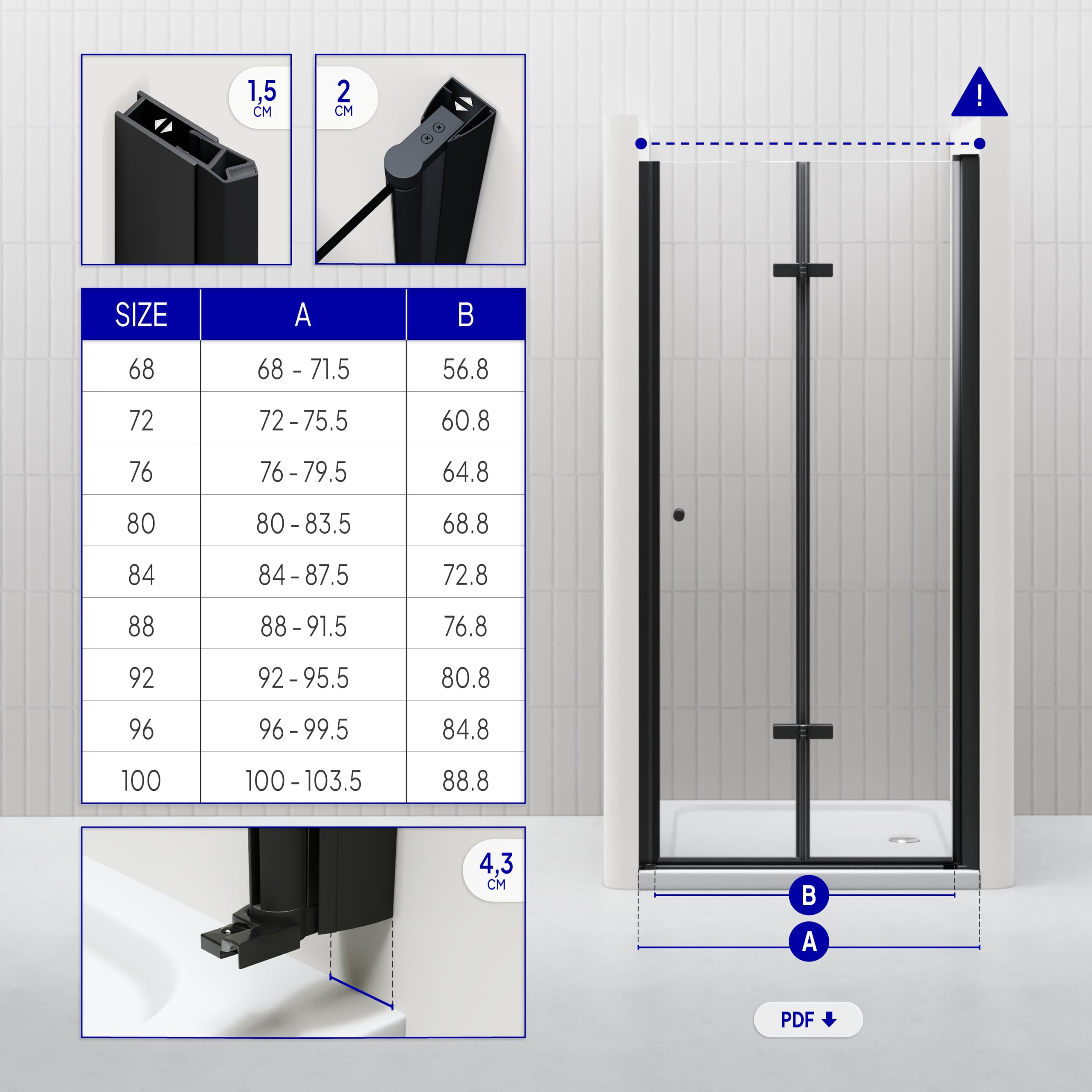 Moments of Glass Mampara de ducha puerta plegable rango de ajuste de 72-75,5 cm altura: 195 cm de cristal transparente templado de seguridad de 6 mm perfiles de aluminio negro - DK822