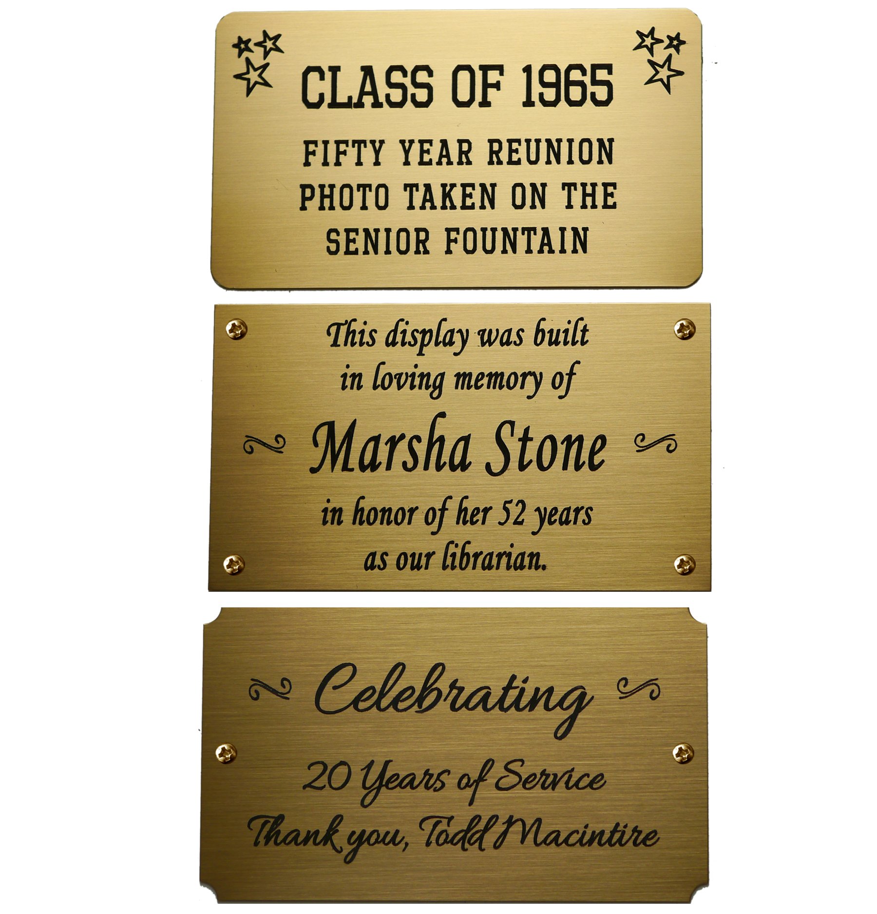 Size: 3-1/2"W x 2"H, Personalized, Custom Engraved, Brushed Gold Solid Brass Plate Picture Frame Name Label Art Tag for Frames, with adhesive backing or screws - Indoor use only