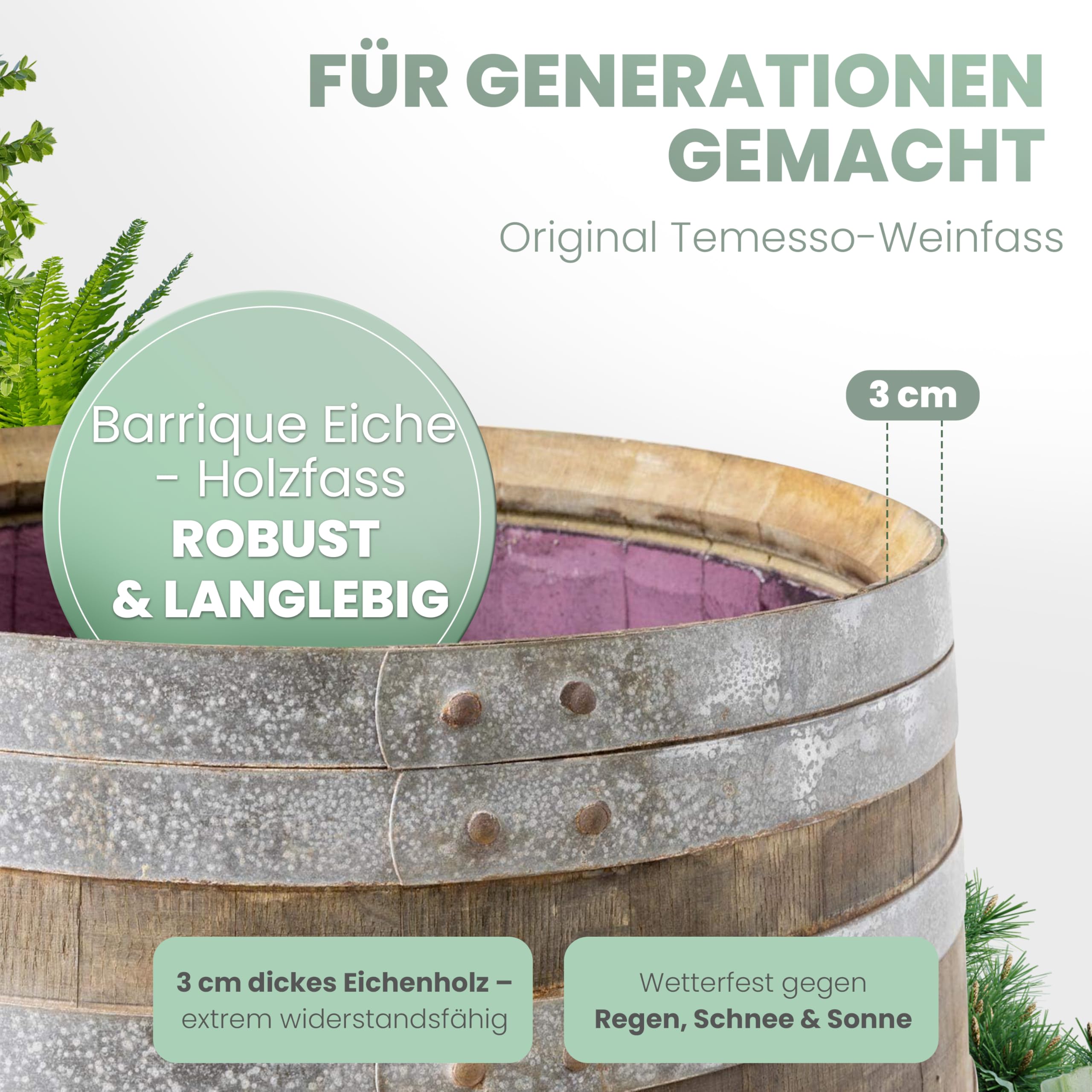 Regentonne, Regenfass Holzfass, Weinfass, Tonne Barrique Eiche 225 Liter Wasserfass - original Temesso-Fass