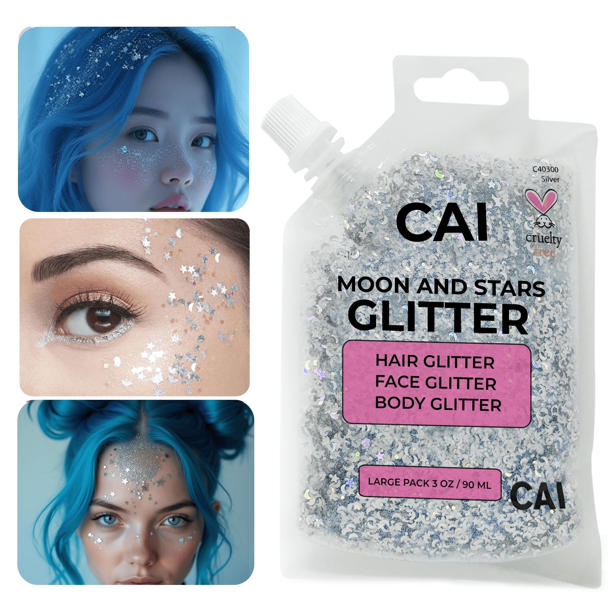 Face, Body & Hair Glitter Gel – Halloween Glitter for Kids and Women – 3 Oz Cosmetic-Grade Gel w/Moon & Stars for Festivals & Halloween Party, Easy Apply & Wash Off - Silver 1Pack