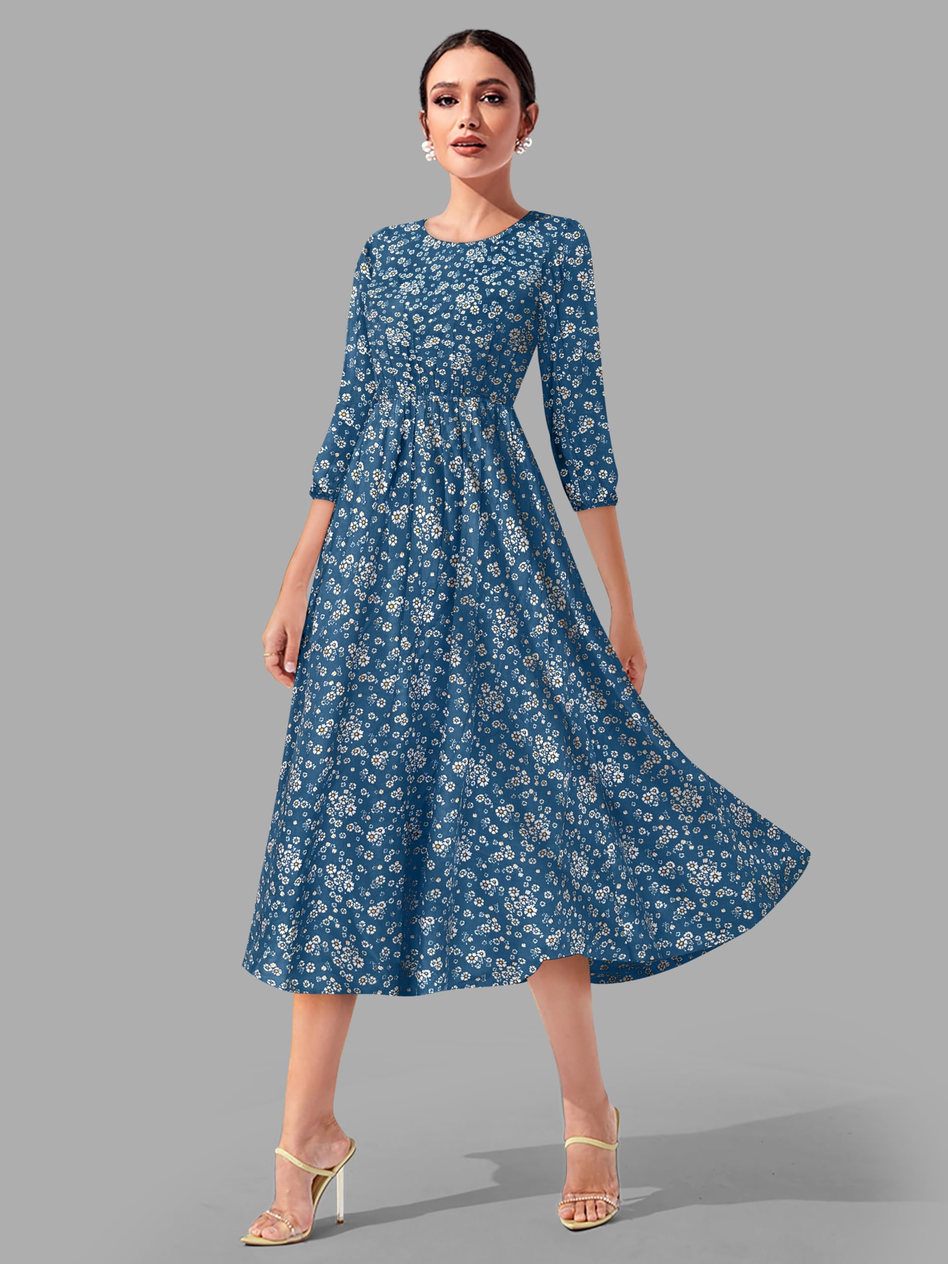 Toochki Women's Teal Blue Muslin Floral Fit & Flared Western Dress | Dress For Women | A Line Dress | Winter Dress | Western Dress | Latest Women Dress | Trendy Dress | Midi Dress