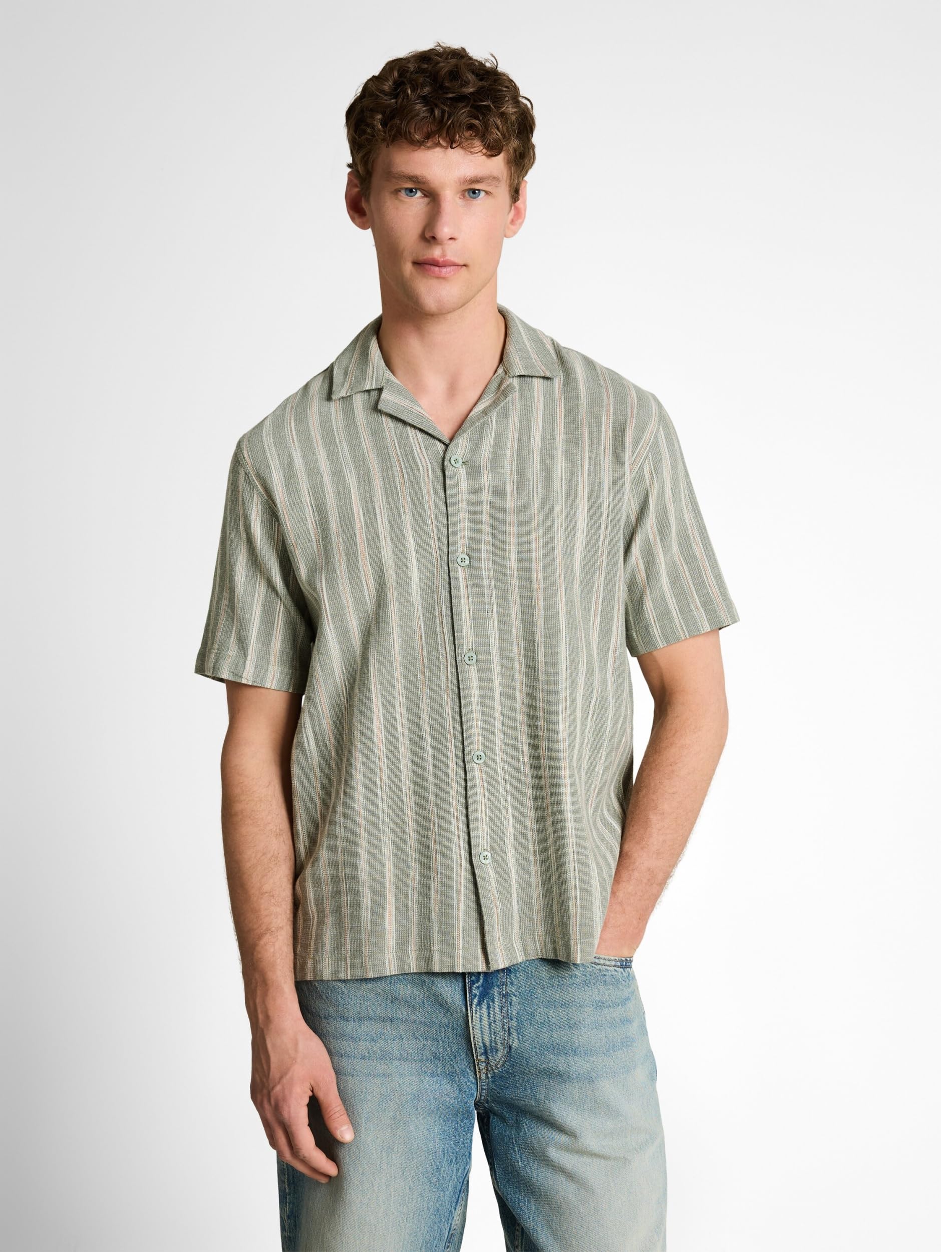 TOM TAILOR Denim Herren 1049676 Relaxed Fit Resort Hemd mit Leinenanteil