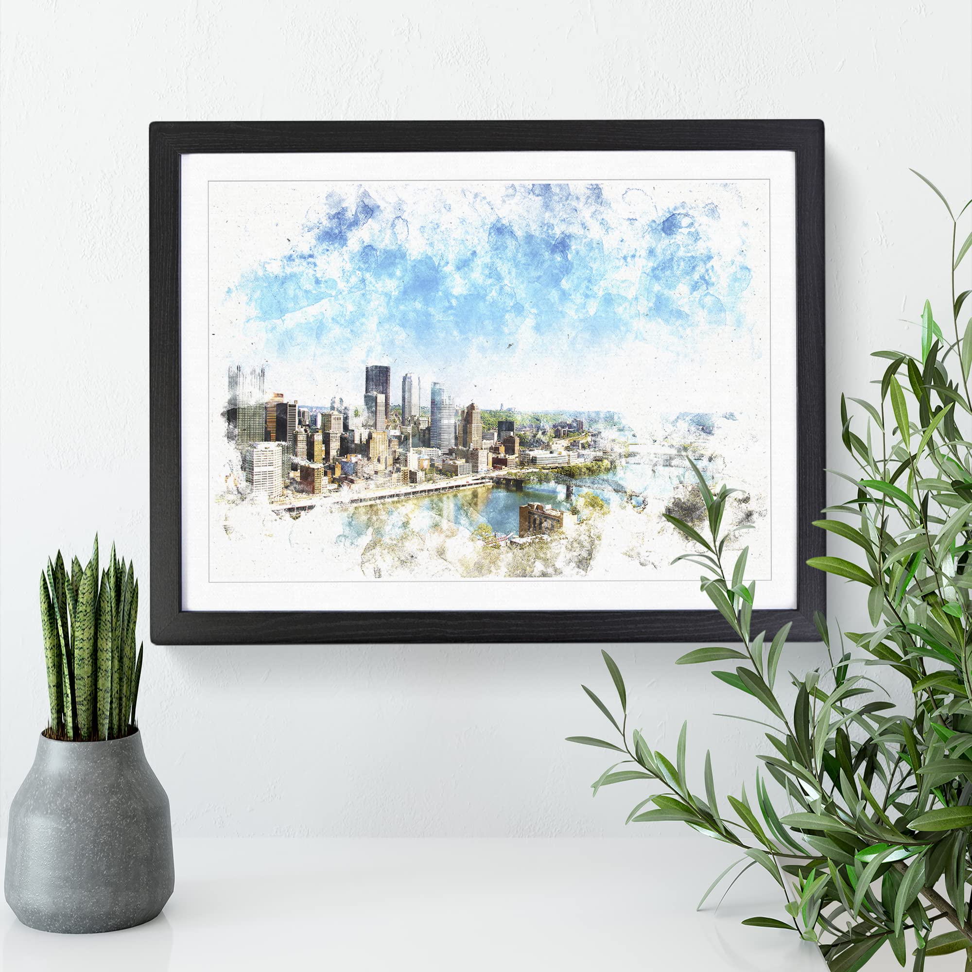 Skyline Of Pittsburgh Pennsylvania Watercolour Modern Framed Print, Black, A3 (46 x 34 cm) - Image 3